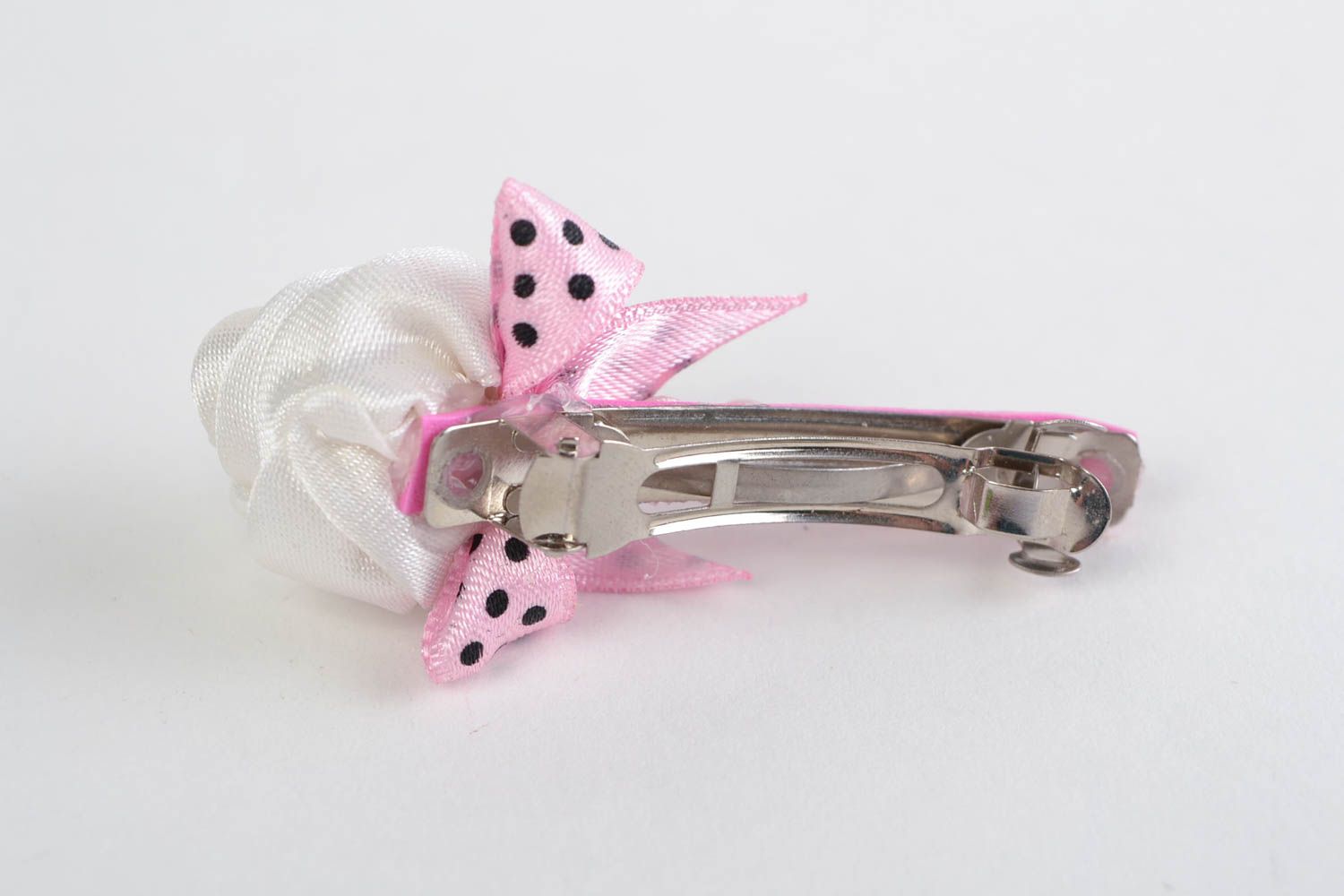 Hairpin made of rep ribbon handmade barrette with white rose present for girl photo 5