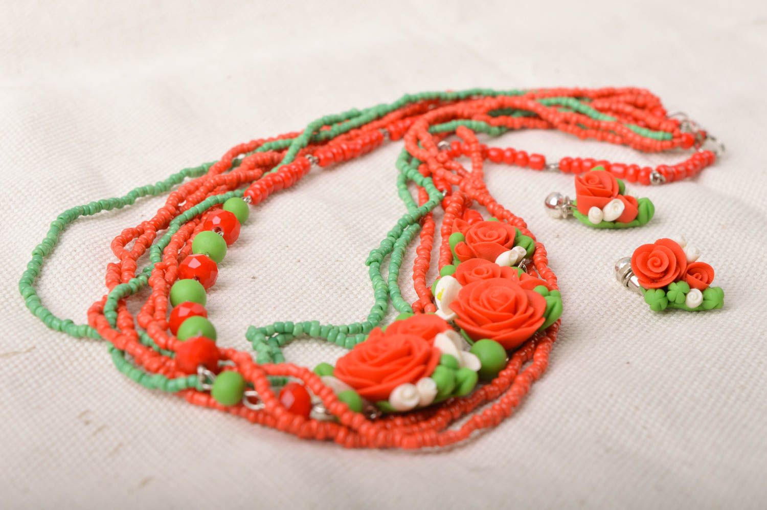 Handmade red flower jewelry set made of cold porcelain earrings and necklace photo 1