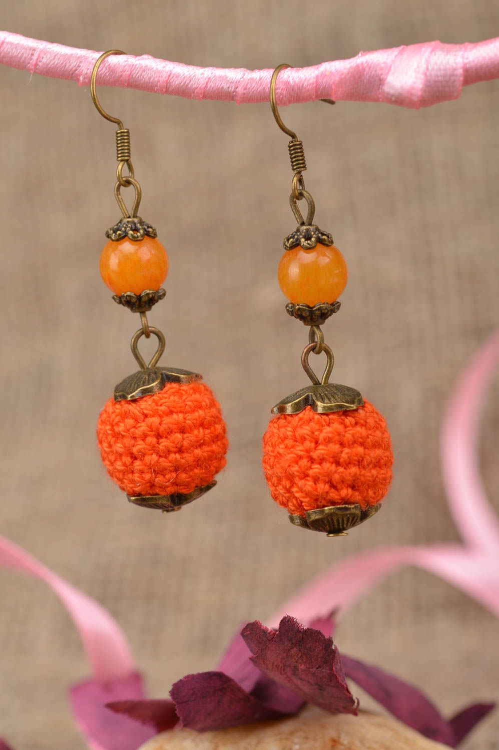 Unusual cute crocheted beautiful designer round handmade orange earrings  photo 1