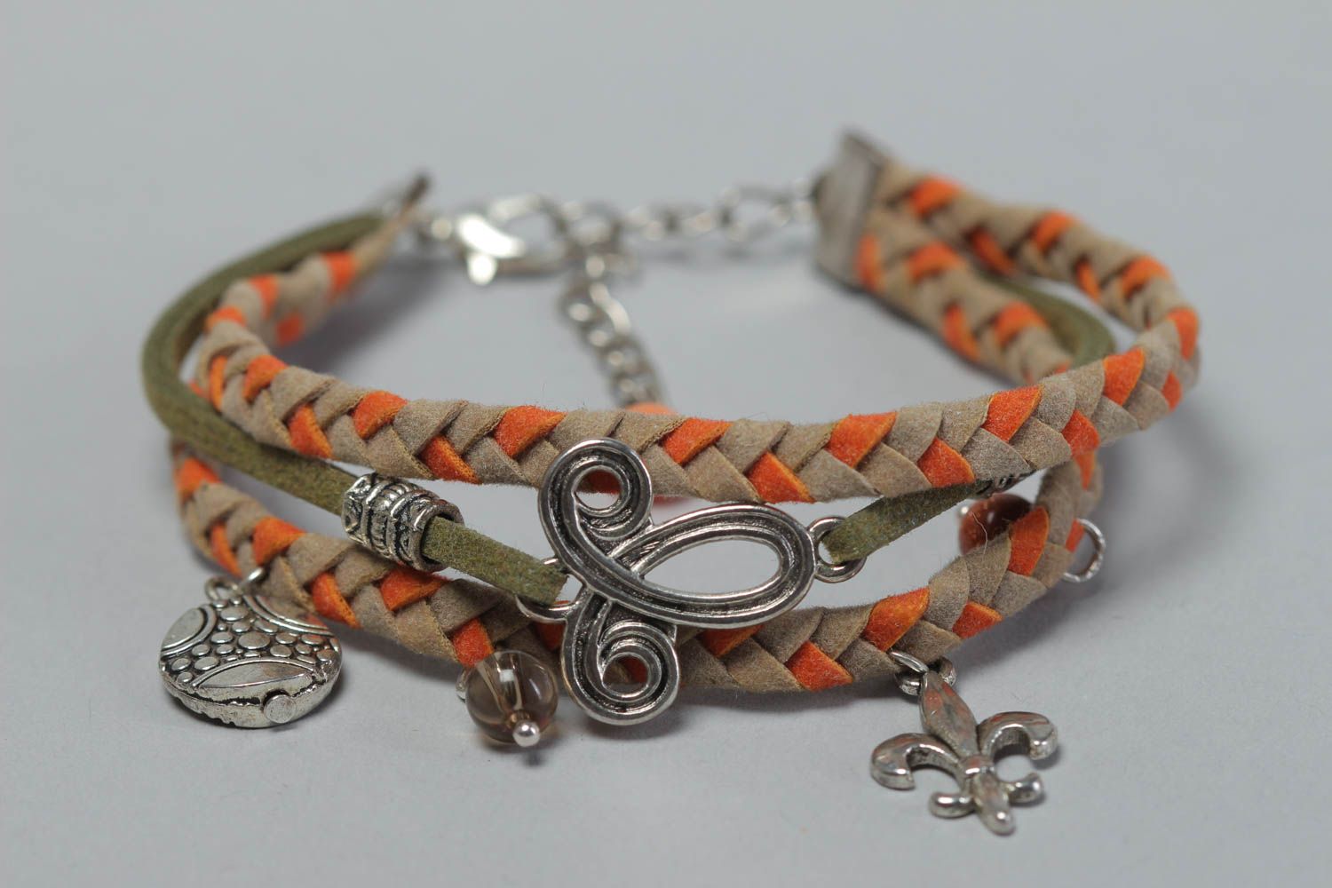 Handmade braided leather bracelet with metal charms fashion jewelry gift ideas photo 3