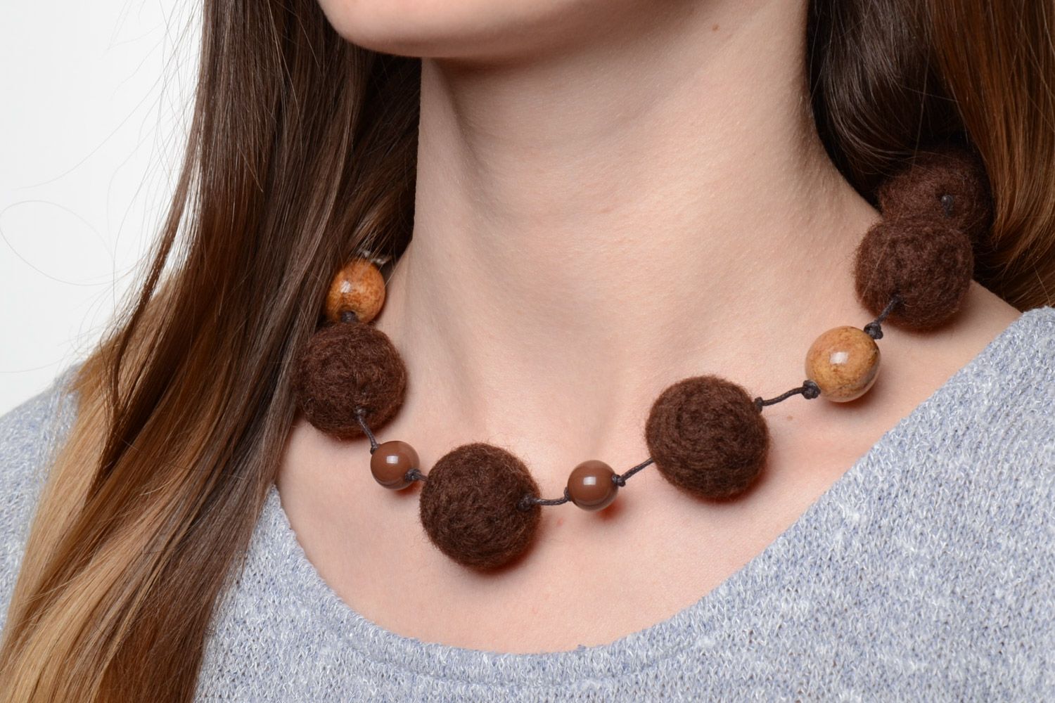 Brown handmade designer wool ball necklace created using needle felting technique photo 1