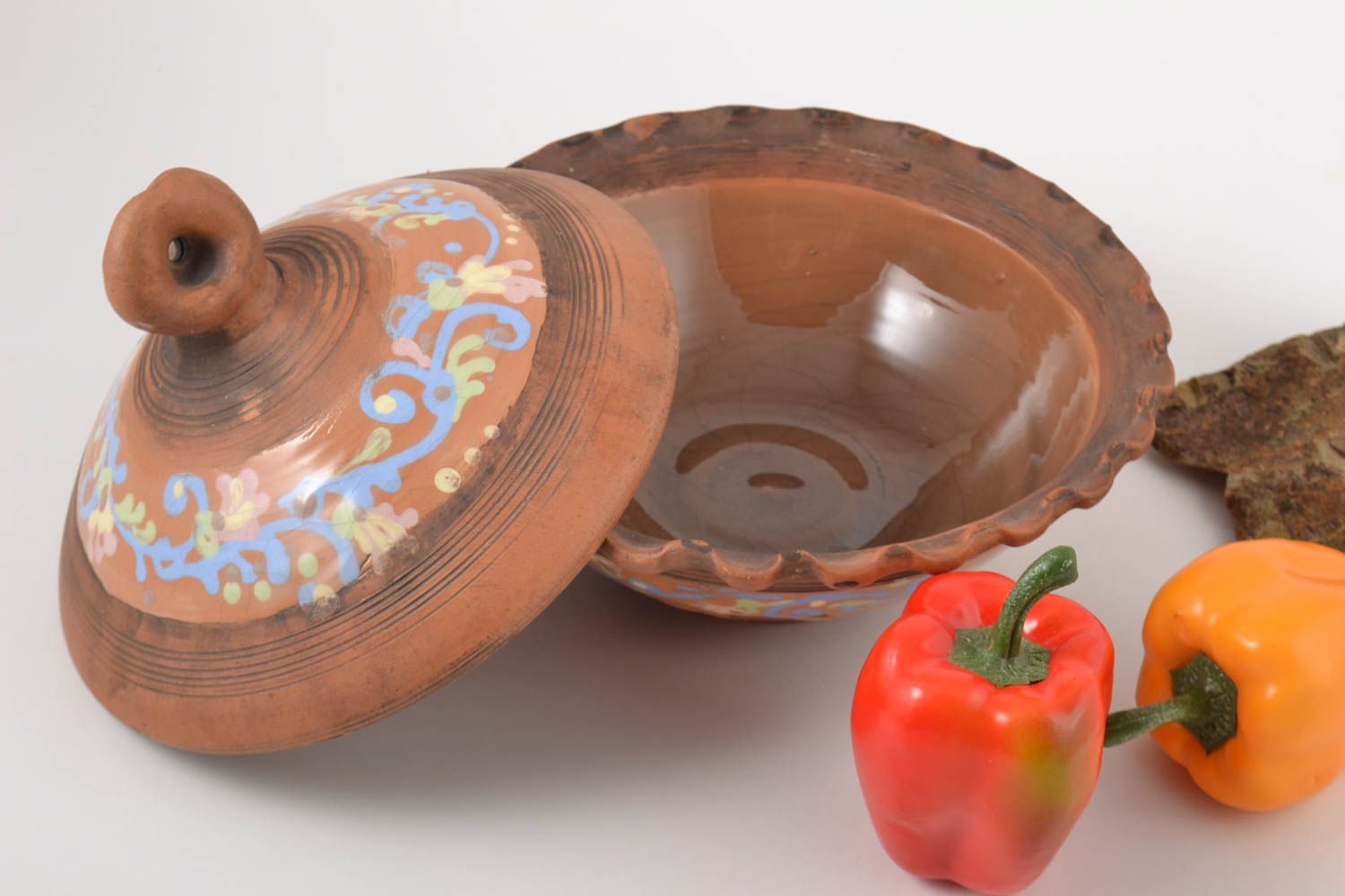 Küchen Geschirr Schüssel aus Ton handmade Schüssel Keramik mit Deckel bemalt foto 1
