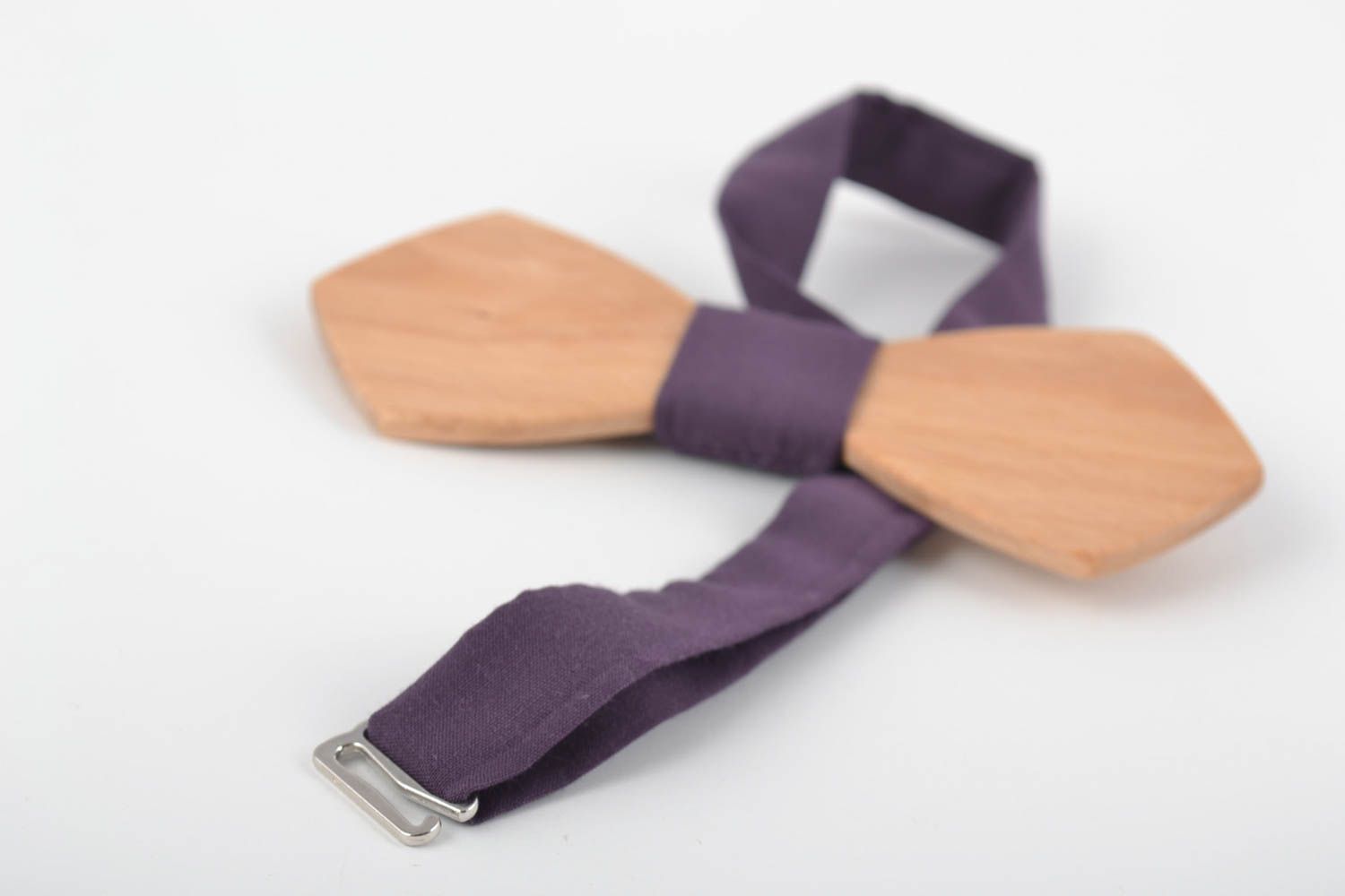 Handmade wooden designer bow tie with violet fabric strap photo 5