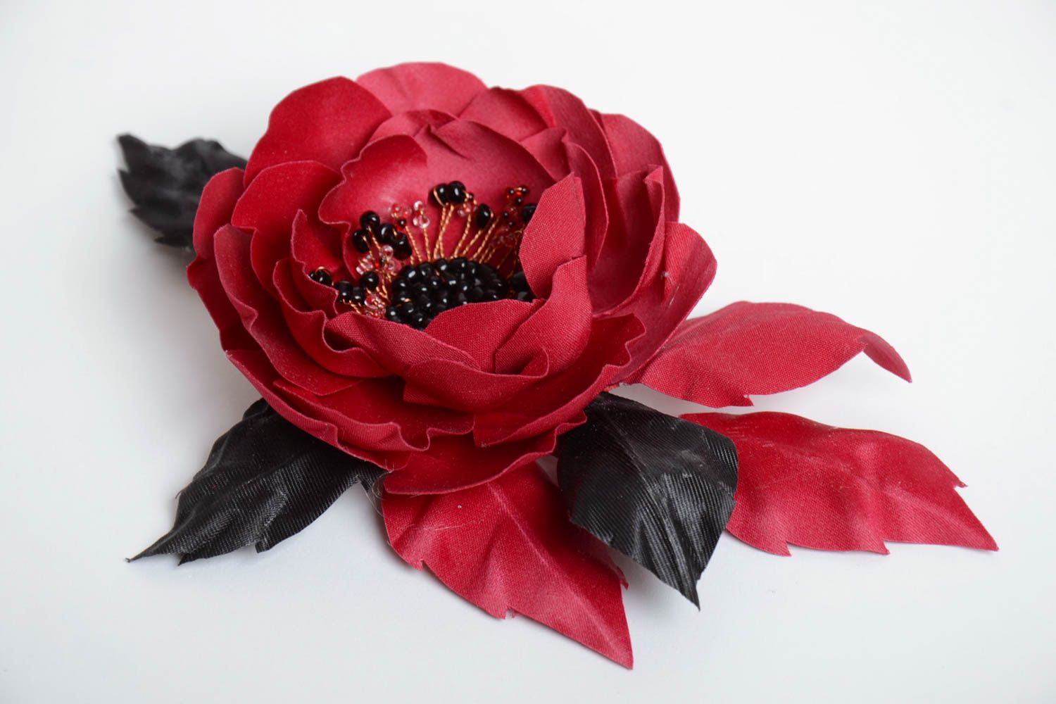 Broche barrette en tissu faite main avec fleur de coquelicot rouge stylée photo 5