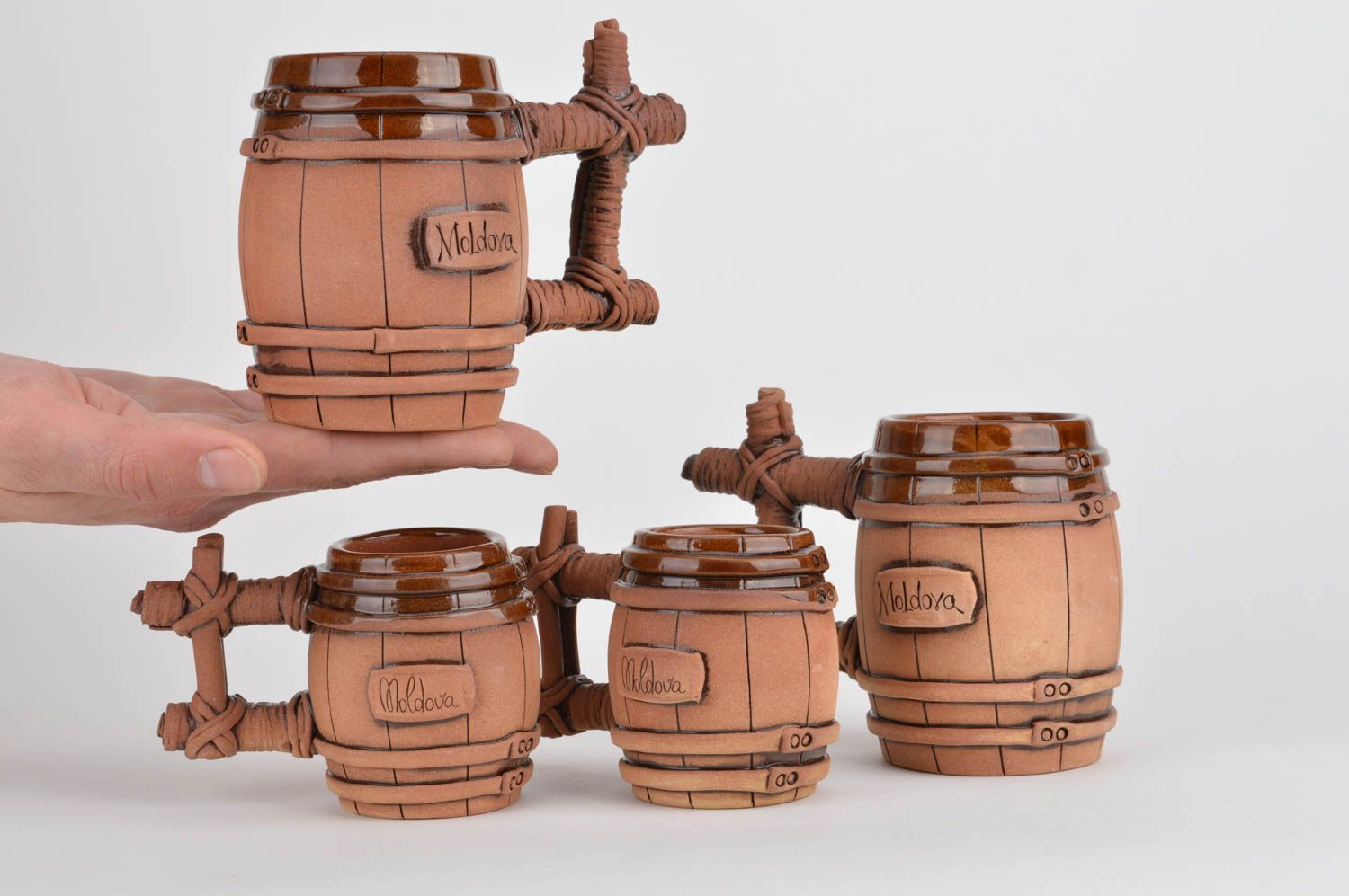 Set of ceramic glazed drinking mugs - two 5 oz ones and two small 3 oz mugs photo 3