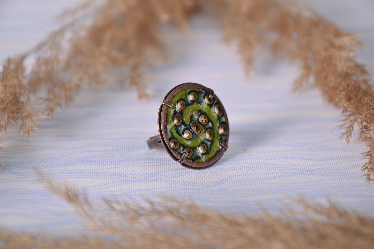 Медный перстень зеленый фото 2