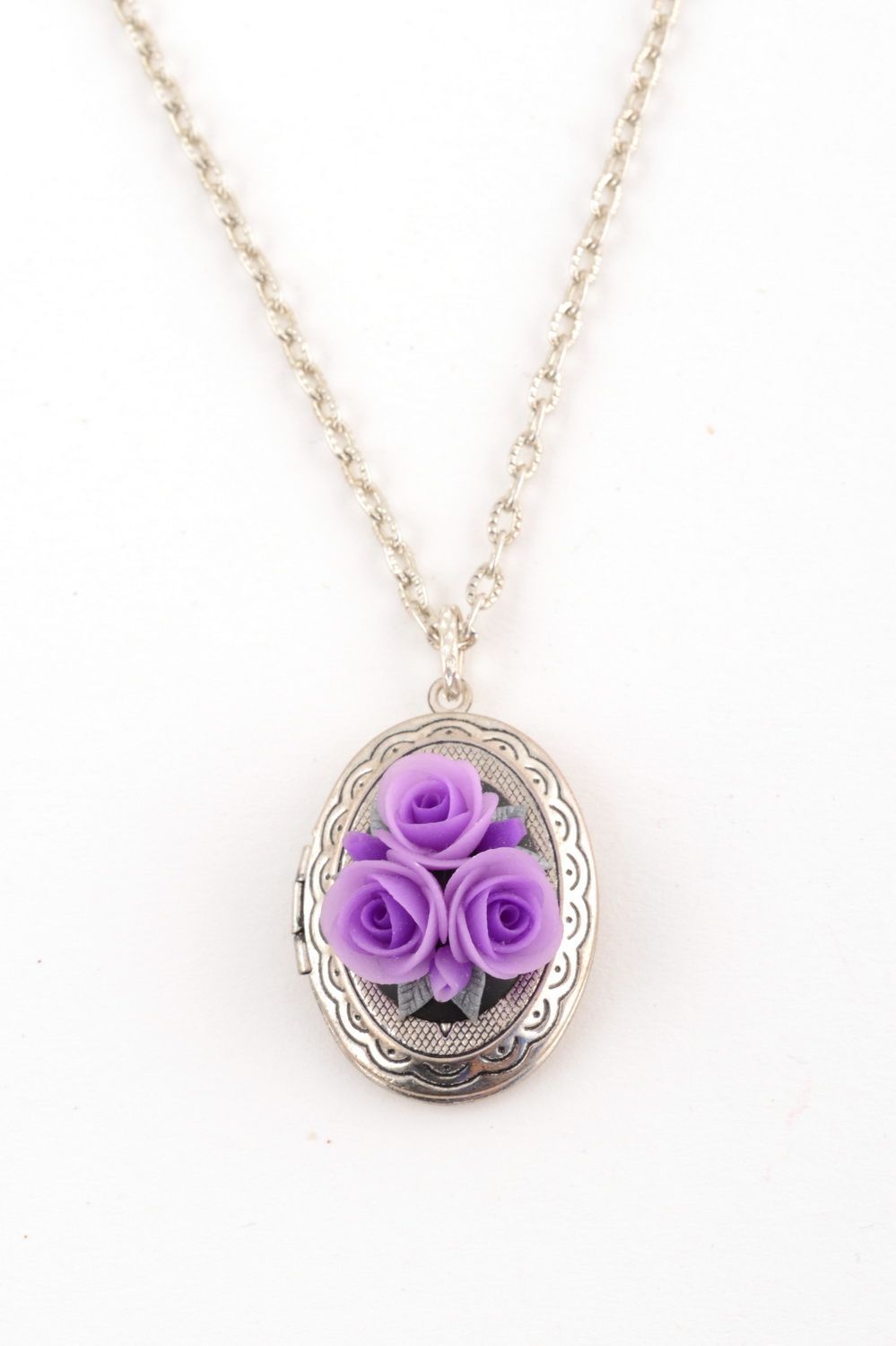 Oval handmade stylish pendant made of polymer clay on long chain Roses photo 2