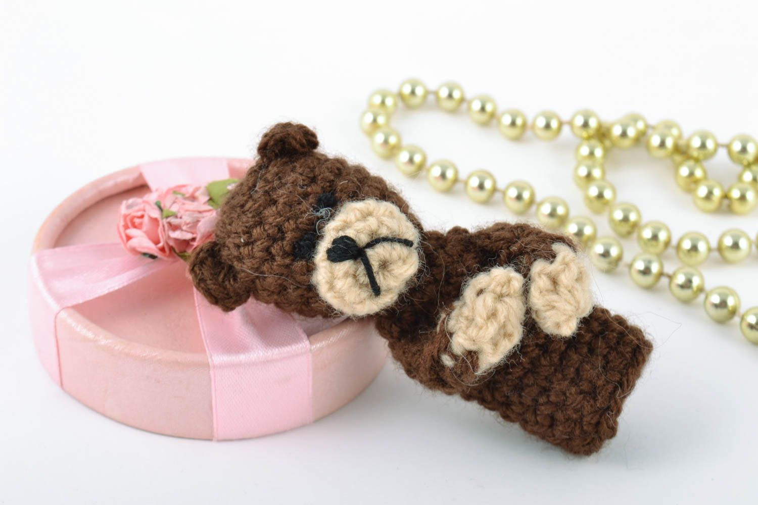 Small handmade crochet puppet toy brown bear for home theater photo 1