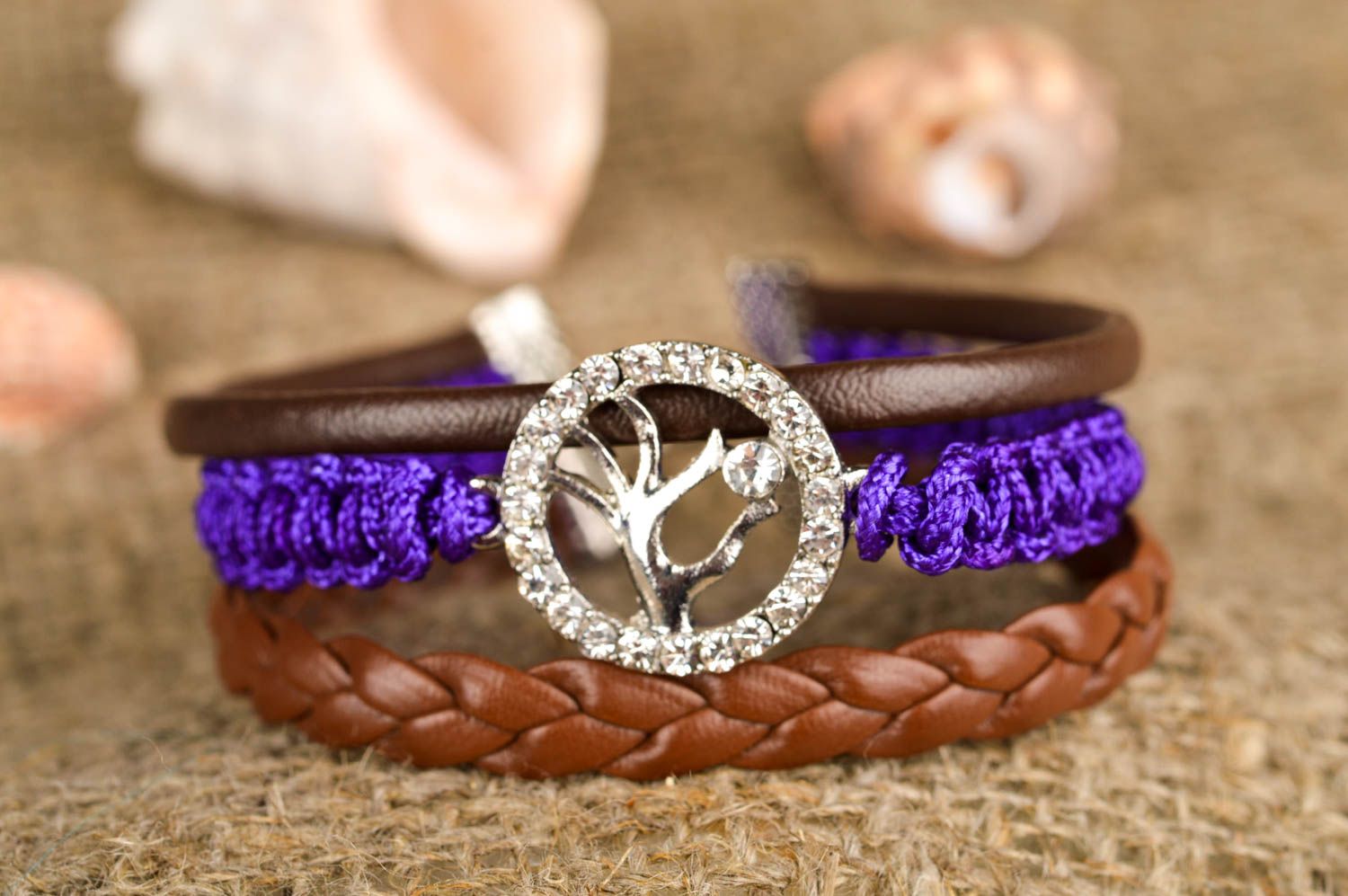 Браслет из шнуров браслет ручной работы модная бижутерия коричневая с фиолетовым фото 1