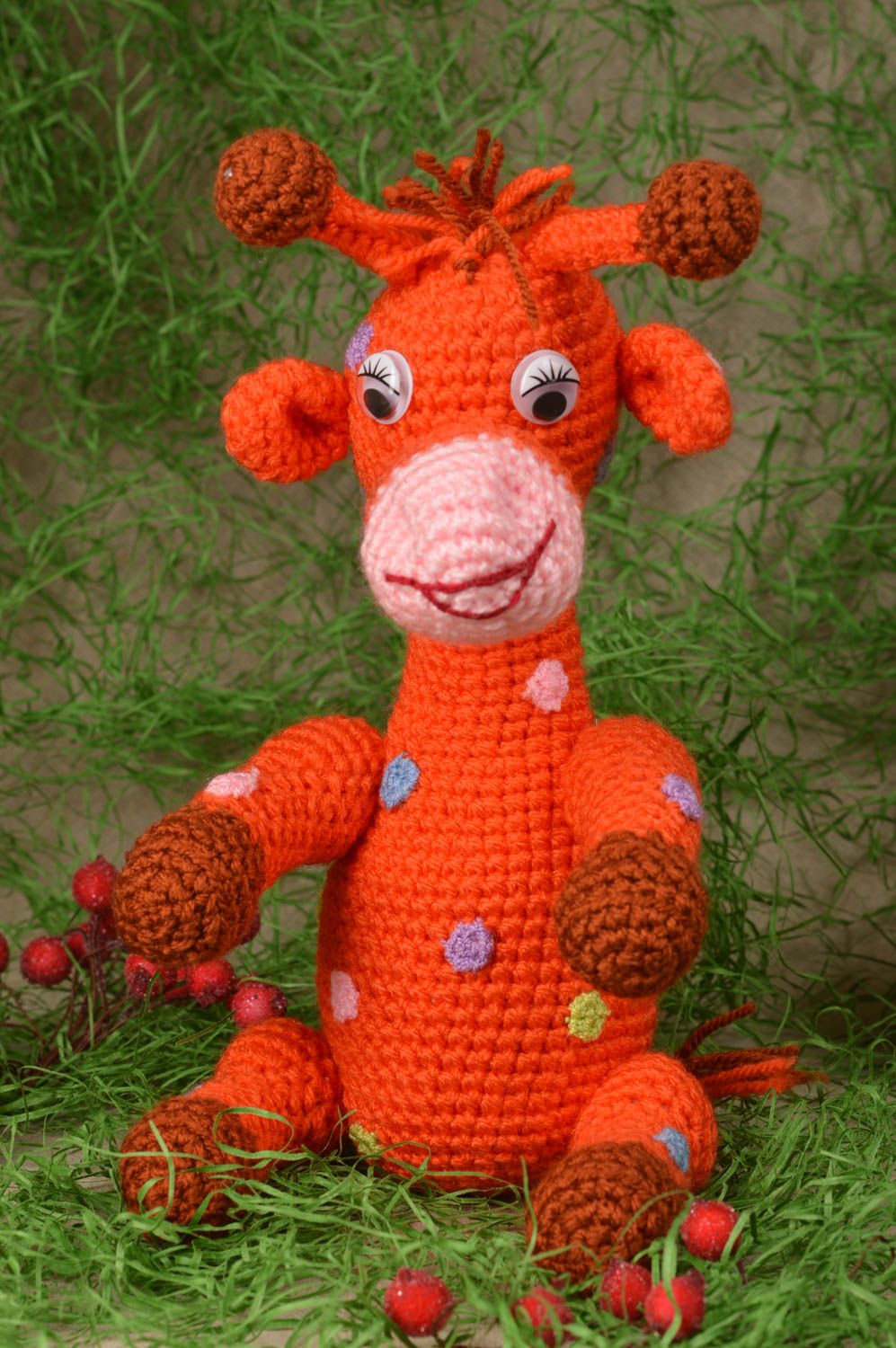 Peluche girafe orange Jouet fait main tricoté au crochet Cadeau pour enfant photo 1