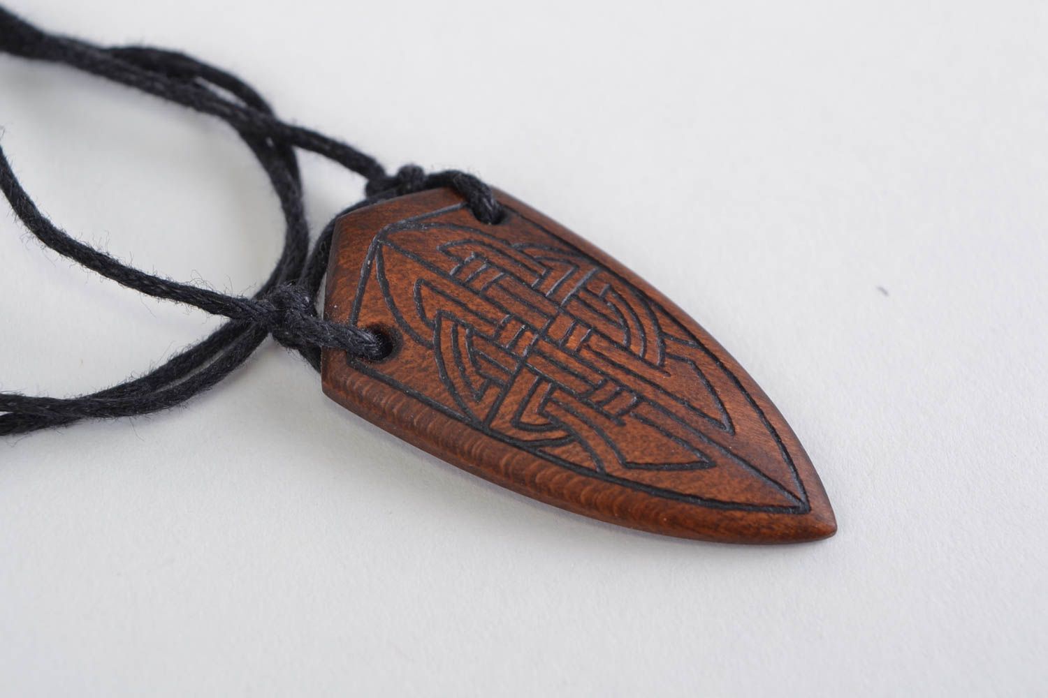 Handmade stylish ethnic wooden pendant with pyrography Shield on waxed cord photo 4