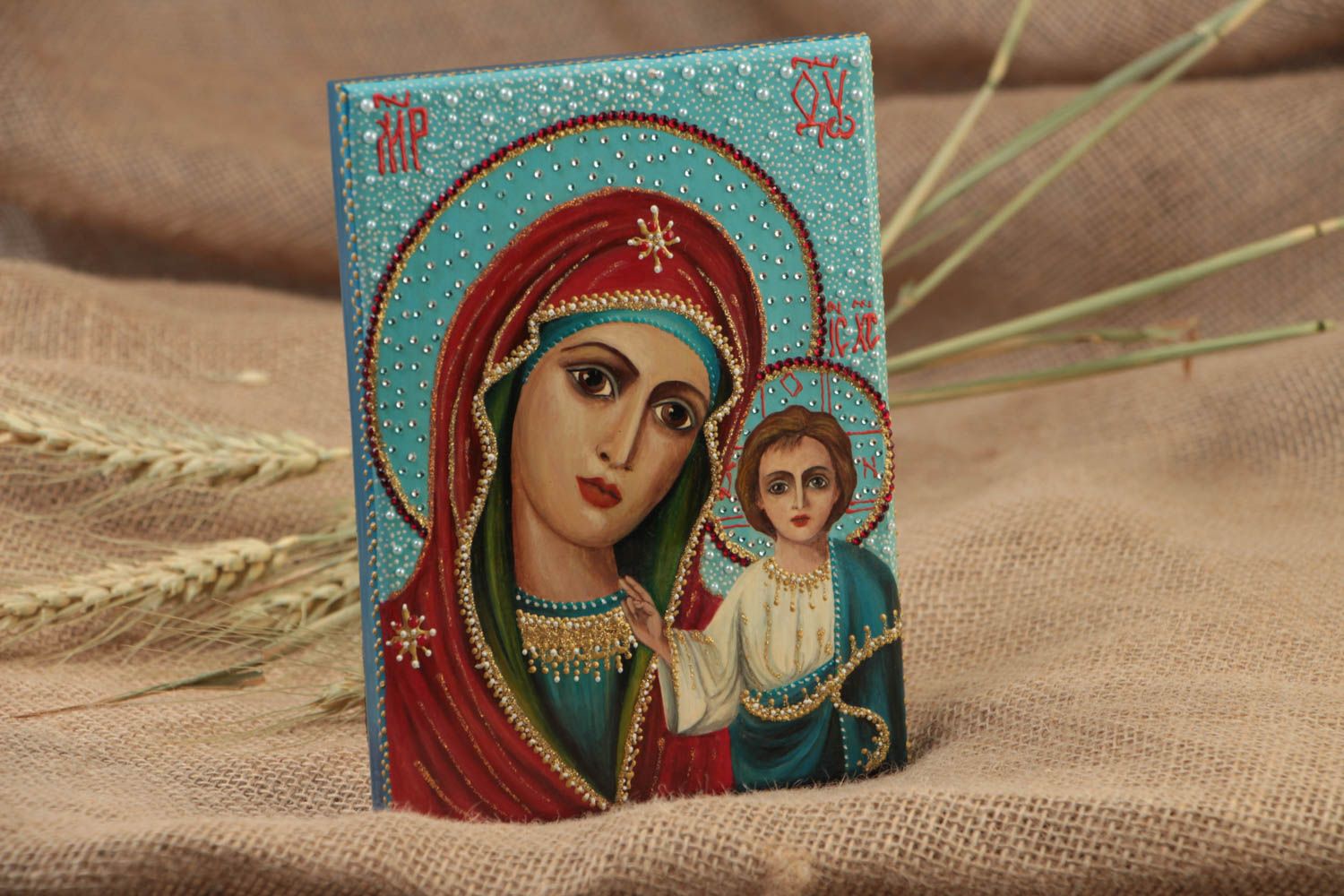 Handmade orthodox icon painted with gouache on wooden basis with rhinestones photo 1