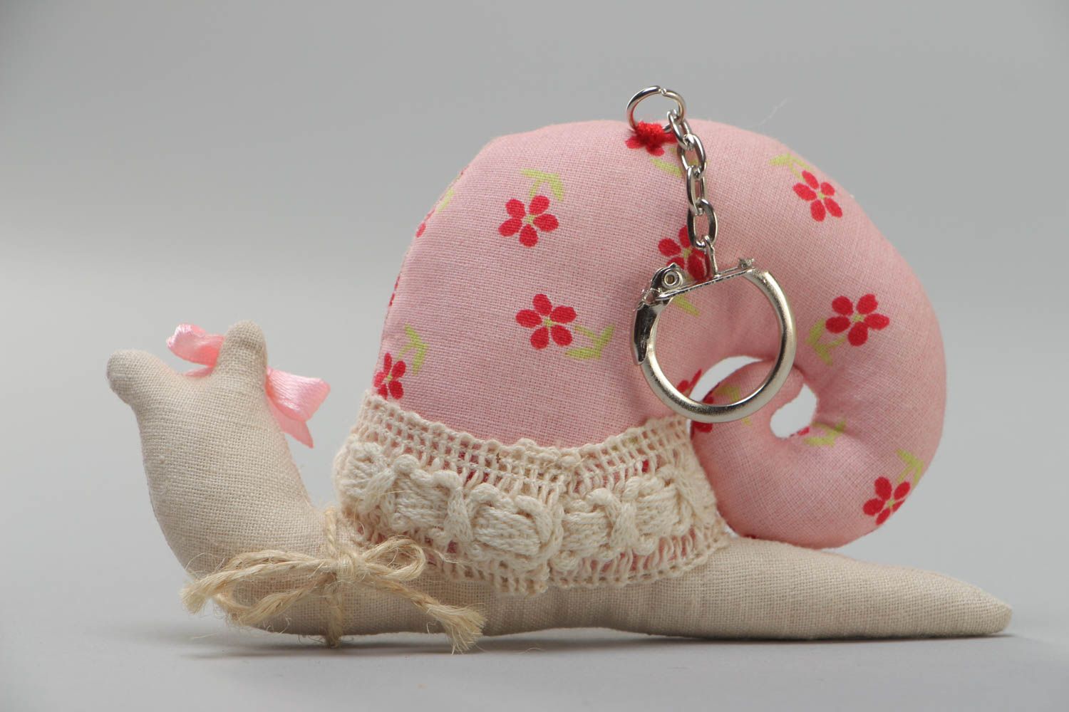 Handmade cotton fabric soft toy keychain in the shape of small snail of pink color photo 3