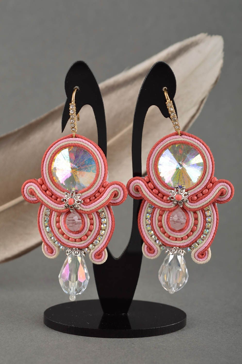 Handmade lange Ohrringe Soutache Schmuck Accessoires für Frauen groß rosa foto 1