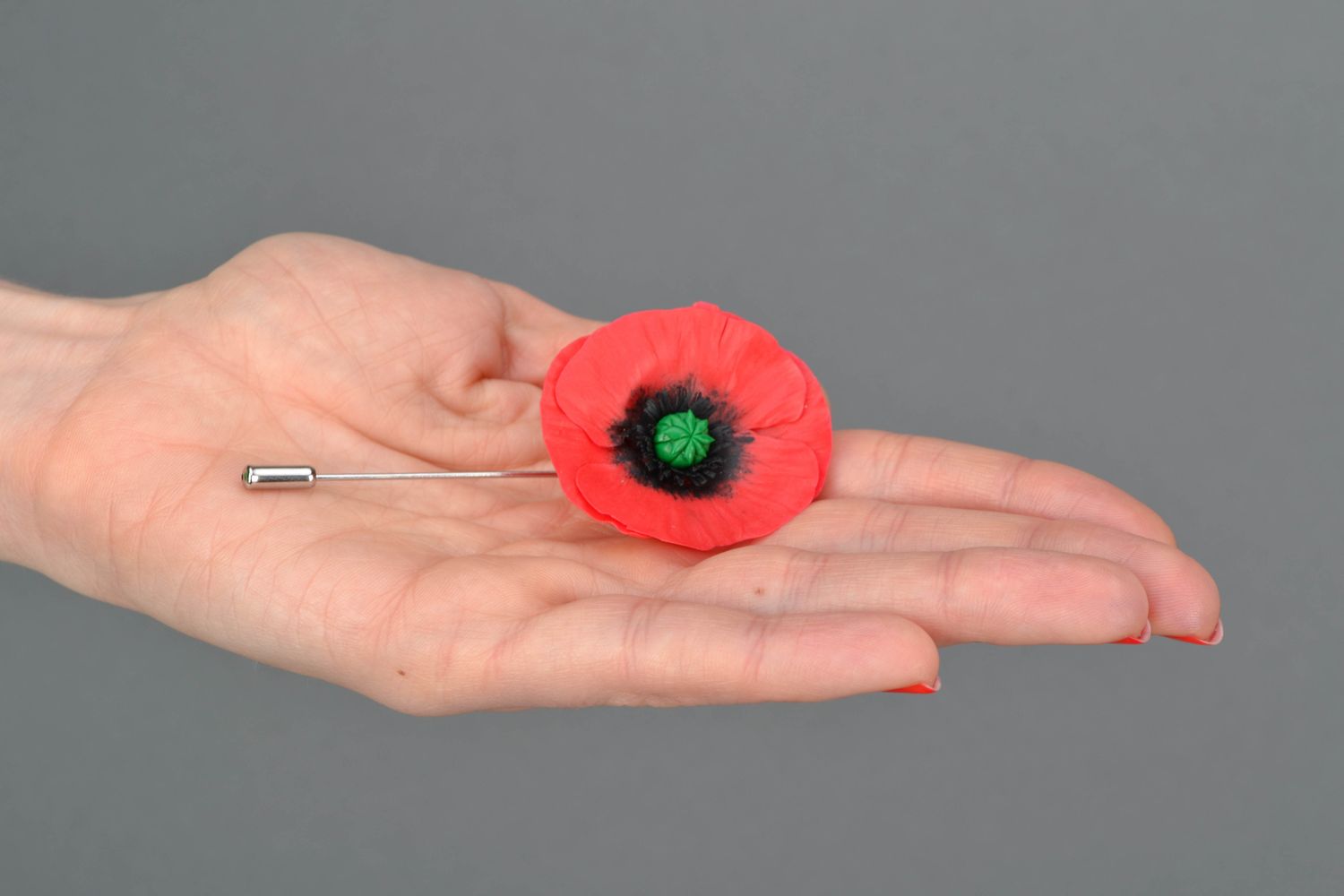 Polymer clay hair pin-brooch in the shape of poppy flower photo 2