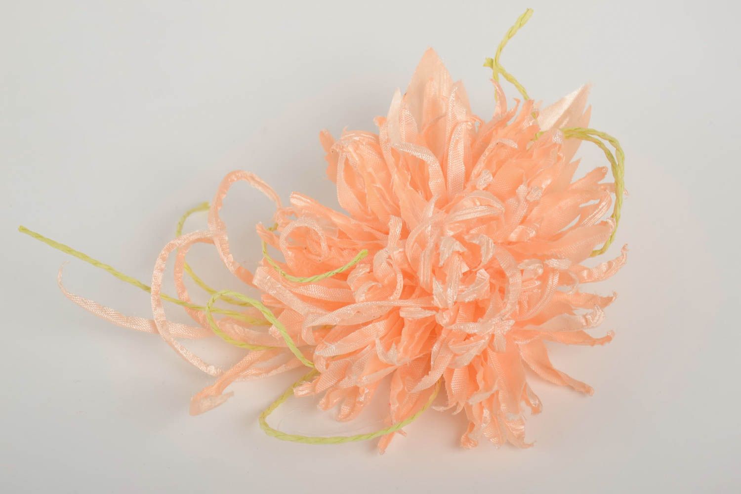 Handmade hair clip brooch with volume satin ribbon flower of peach color photo 5