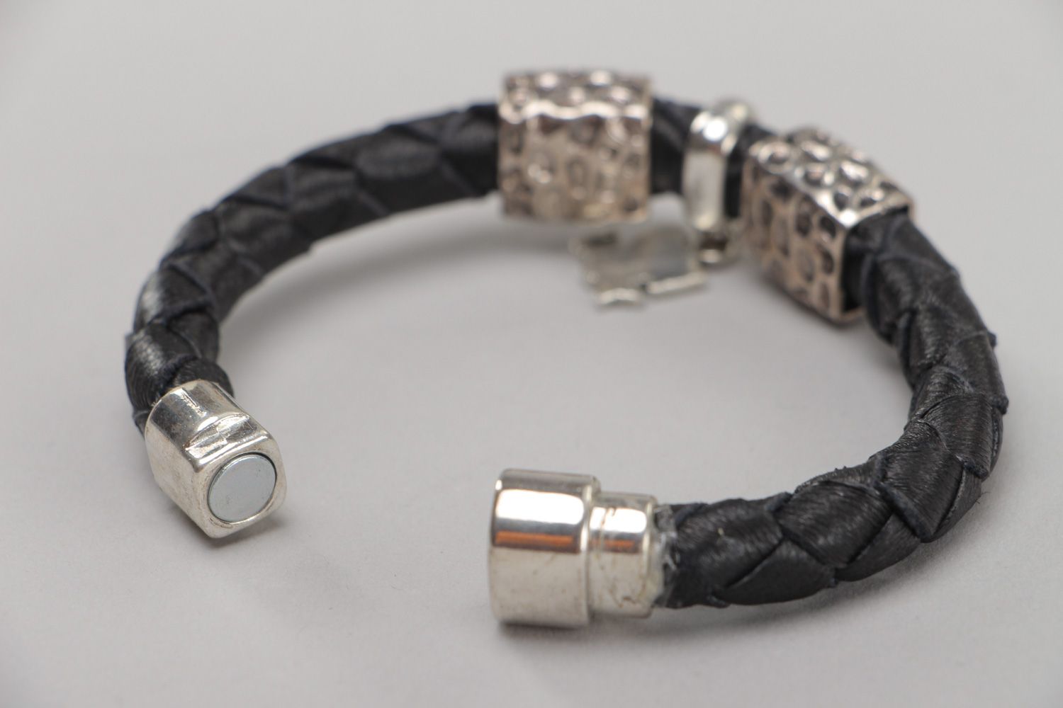 Thin handmade woven genuine leather wrist bracelet with metal charm unisex photo 4