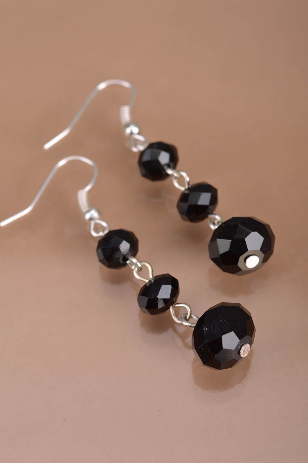 Long festive evening women's dangle earrings hand made of black faceted beads photo 2
