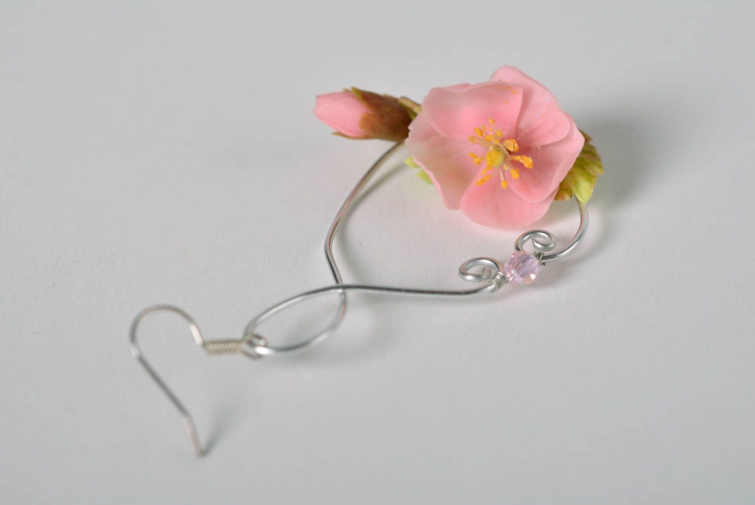 Nice pink women's handmade polymer clay flower earrings designer jewelry photo 4