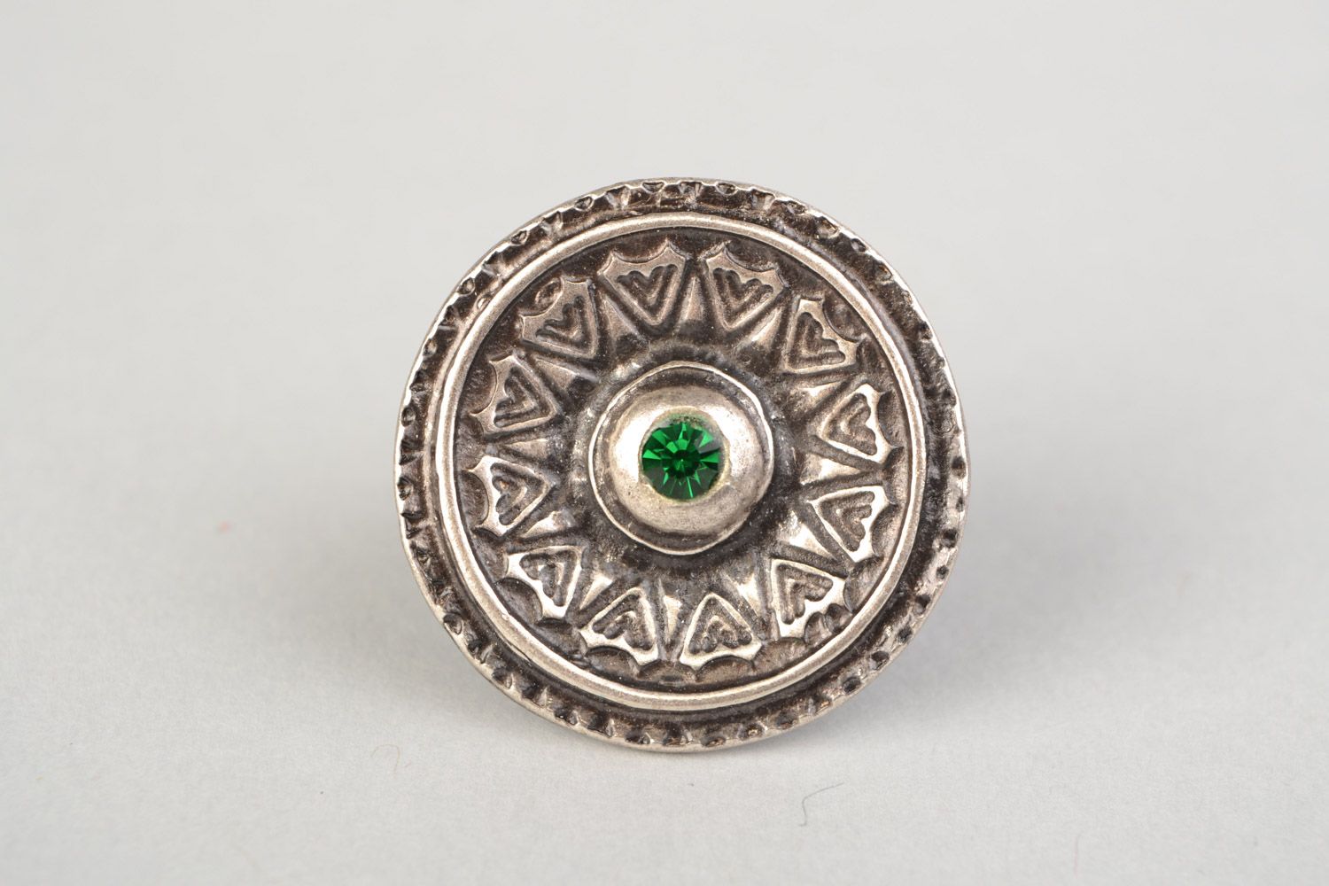 Handmade round metal ring with green rhinestone in ethnic style for women photo 3