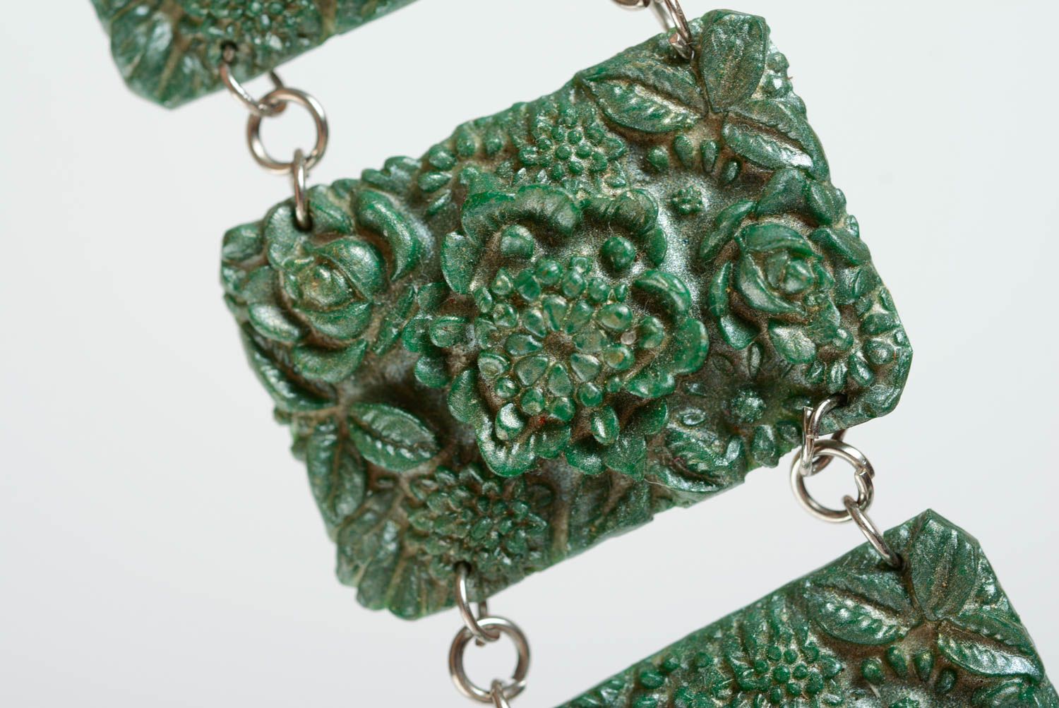 Bracelet en pâte polymère perles rectangulaires fait main vert large original photo 4