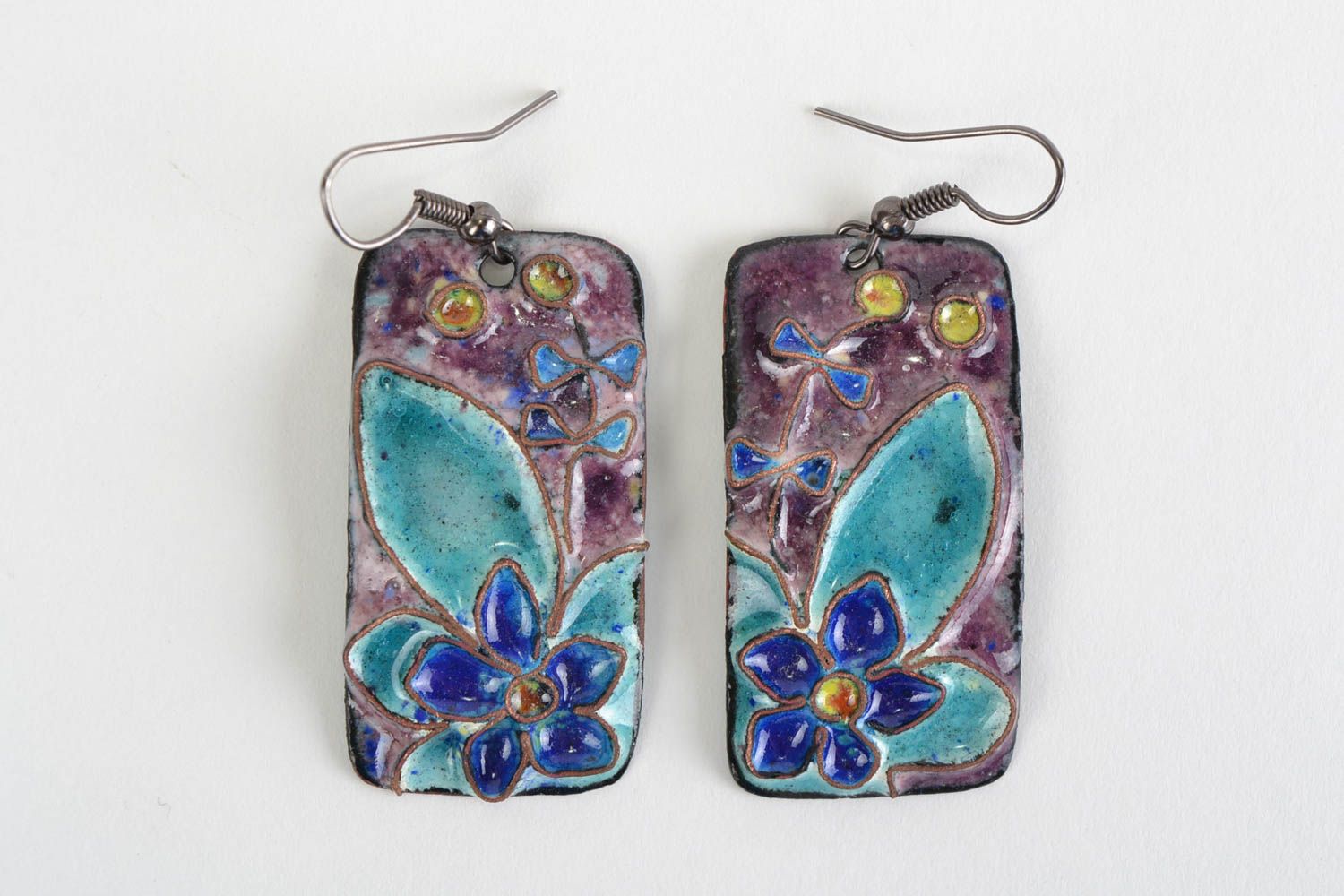 Handmade rectangular dangling copper earrings with enamel painting Blue flowers  photo 1
