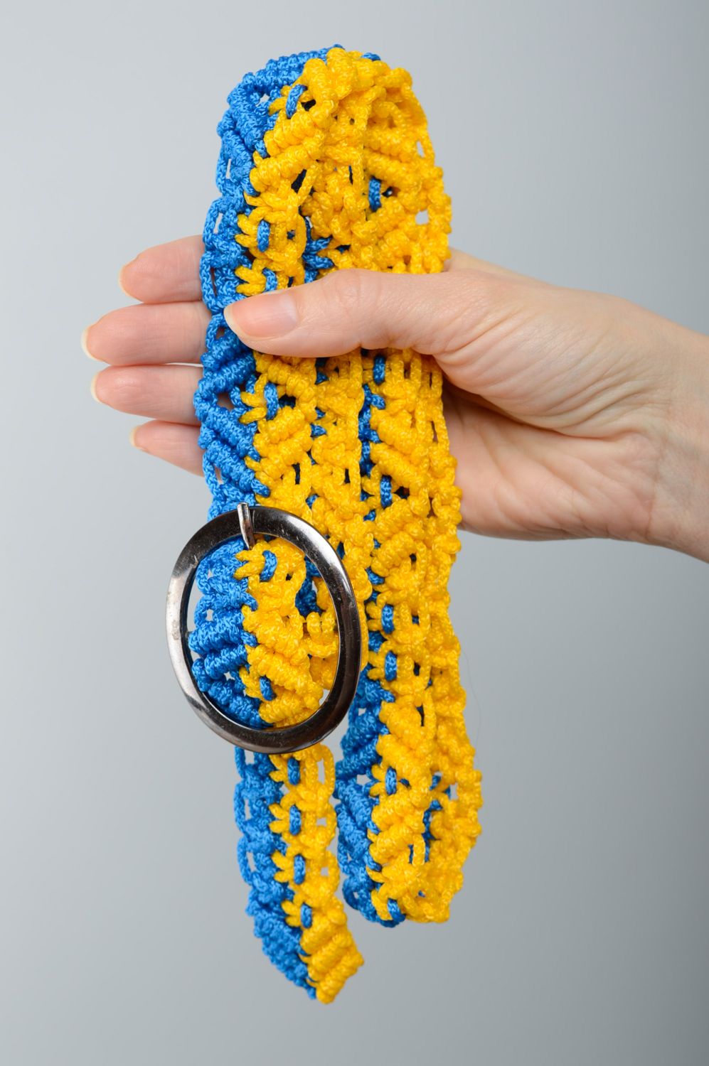 Wide macrame belt woven of polyester cords of yellow and blue colors photo 3