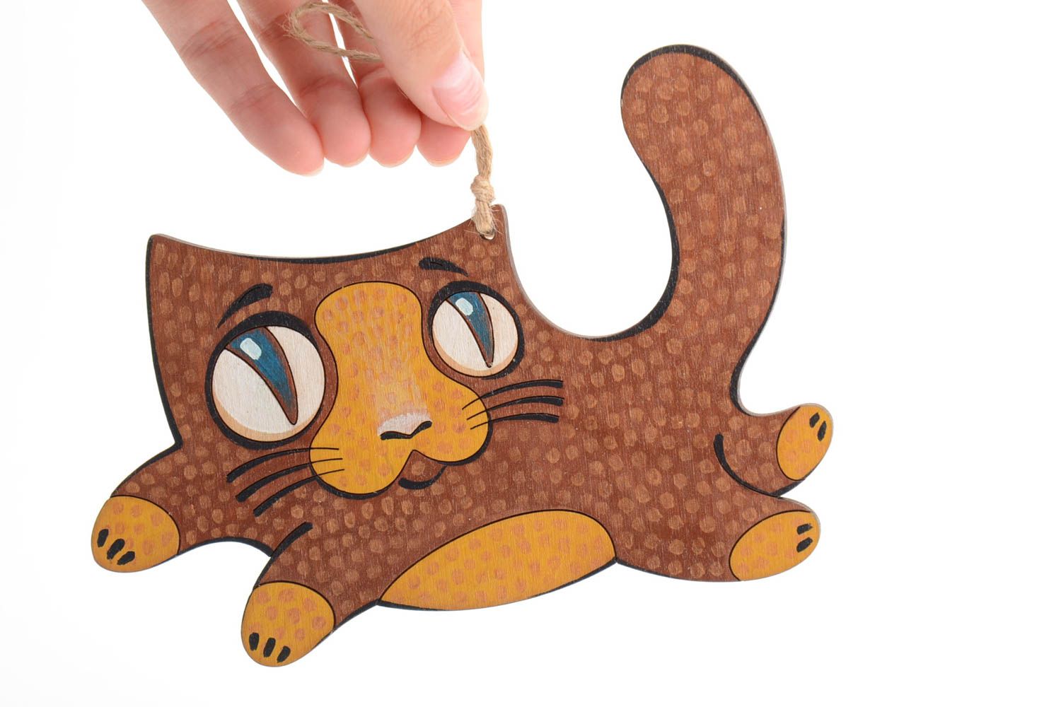Handmade decorative small plywood wall hanging painted with acrylics brown cat photo 5