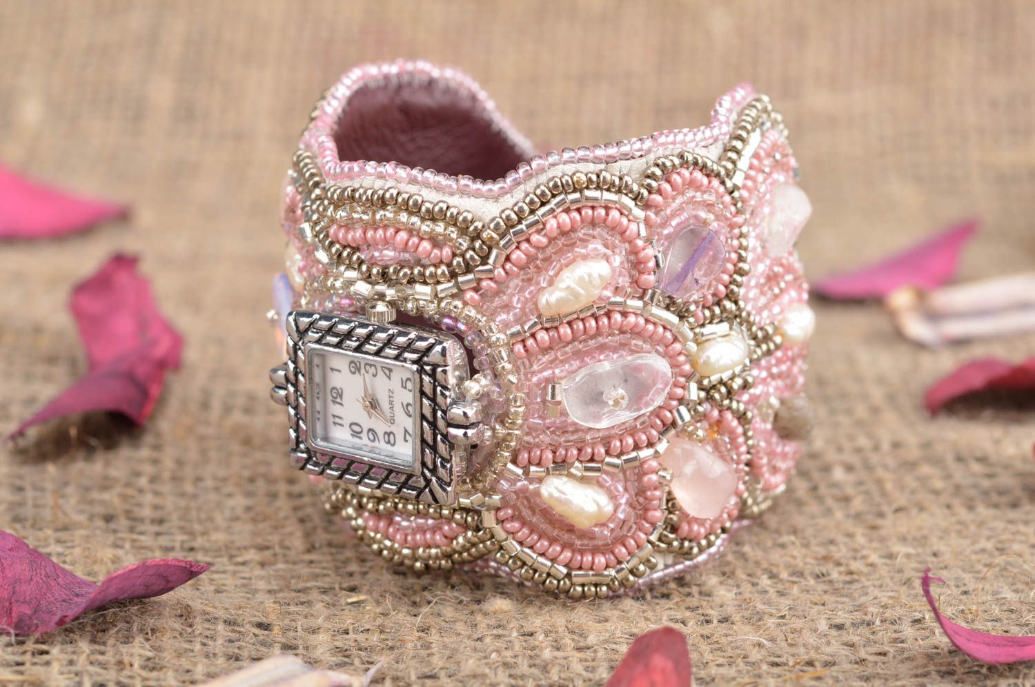 Pink handmade designer unusual wrist watch made of beads on leather basis photo 1