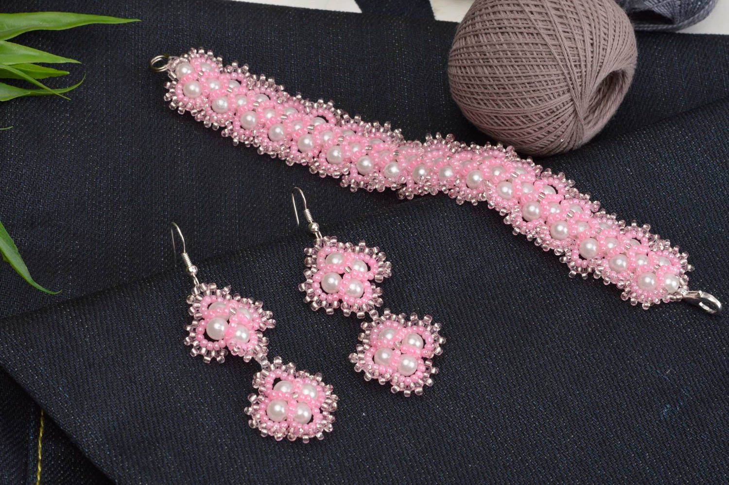 Mode Schmuck Set handmade Schmuck Rocailles Armband und Ohrringe für Damen rosa  foto 1