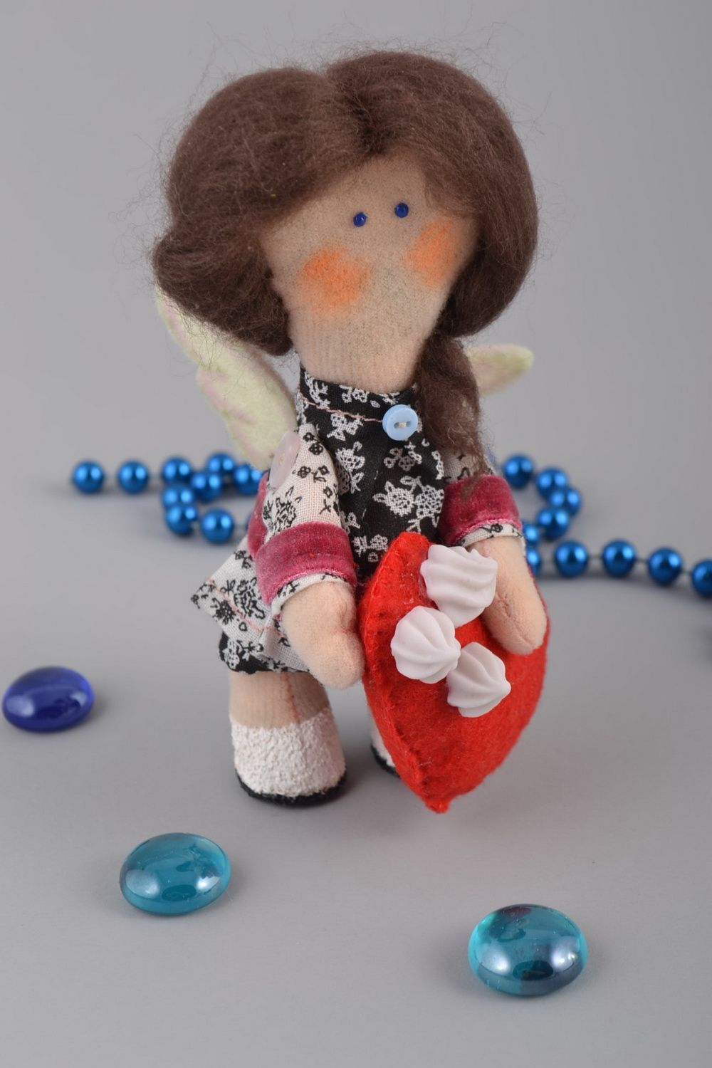 Beautiful handmade interior soft doll sewn of felt fabric Girl with Heart photo 1
