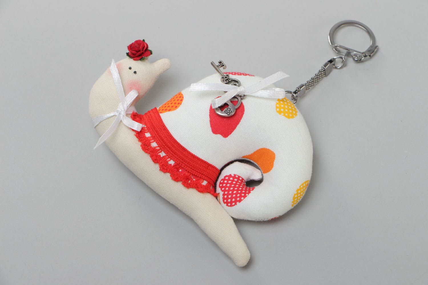 Handmade stuffed animal keychain in the shape of snail sewn of cotton fabric photo 4