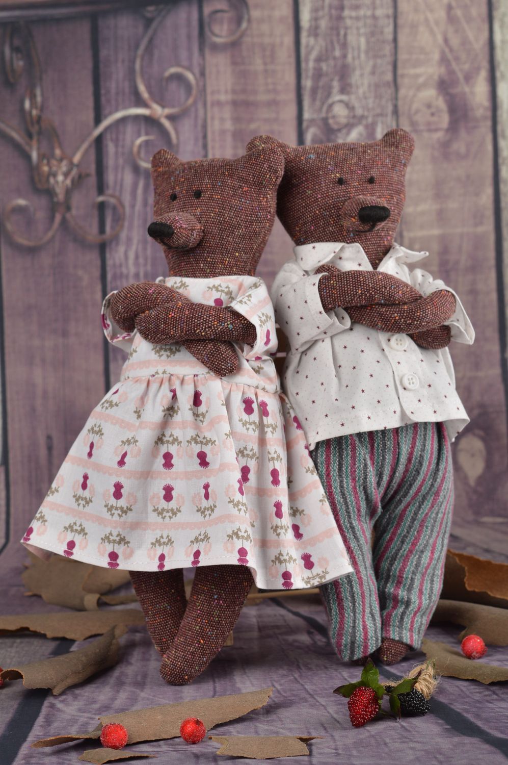 Peluches ours faites main Jouets en tissu de coton Cadeau pour enfant 2 pièces photo 1