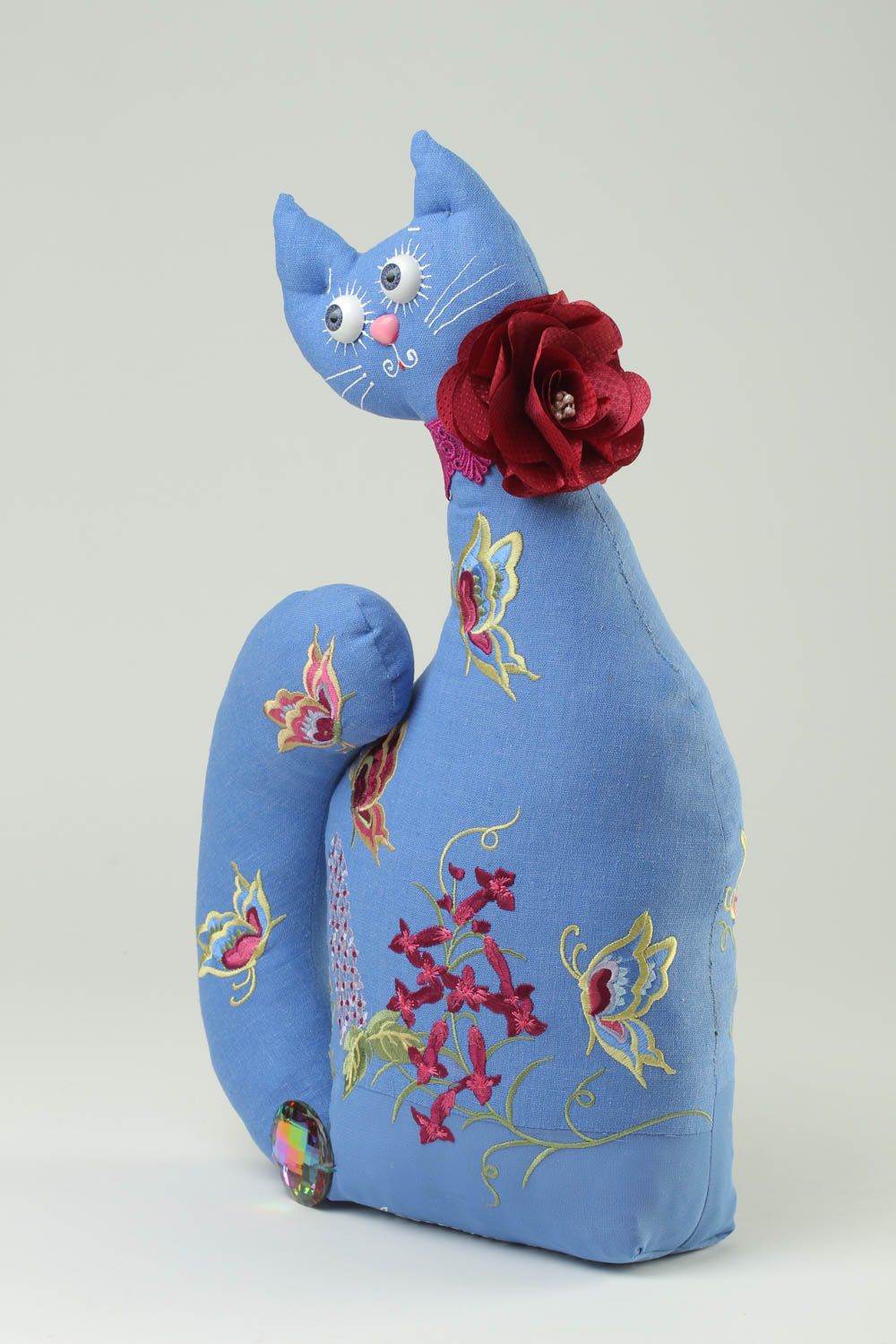 Jouet chat Peluche faite main en tissu de lin bleu à fleurs Déco maison photo 2