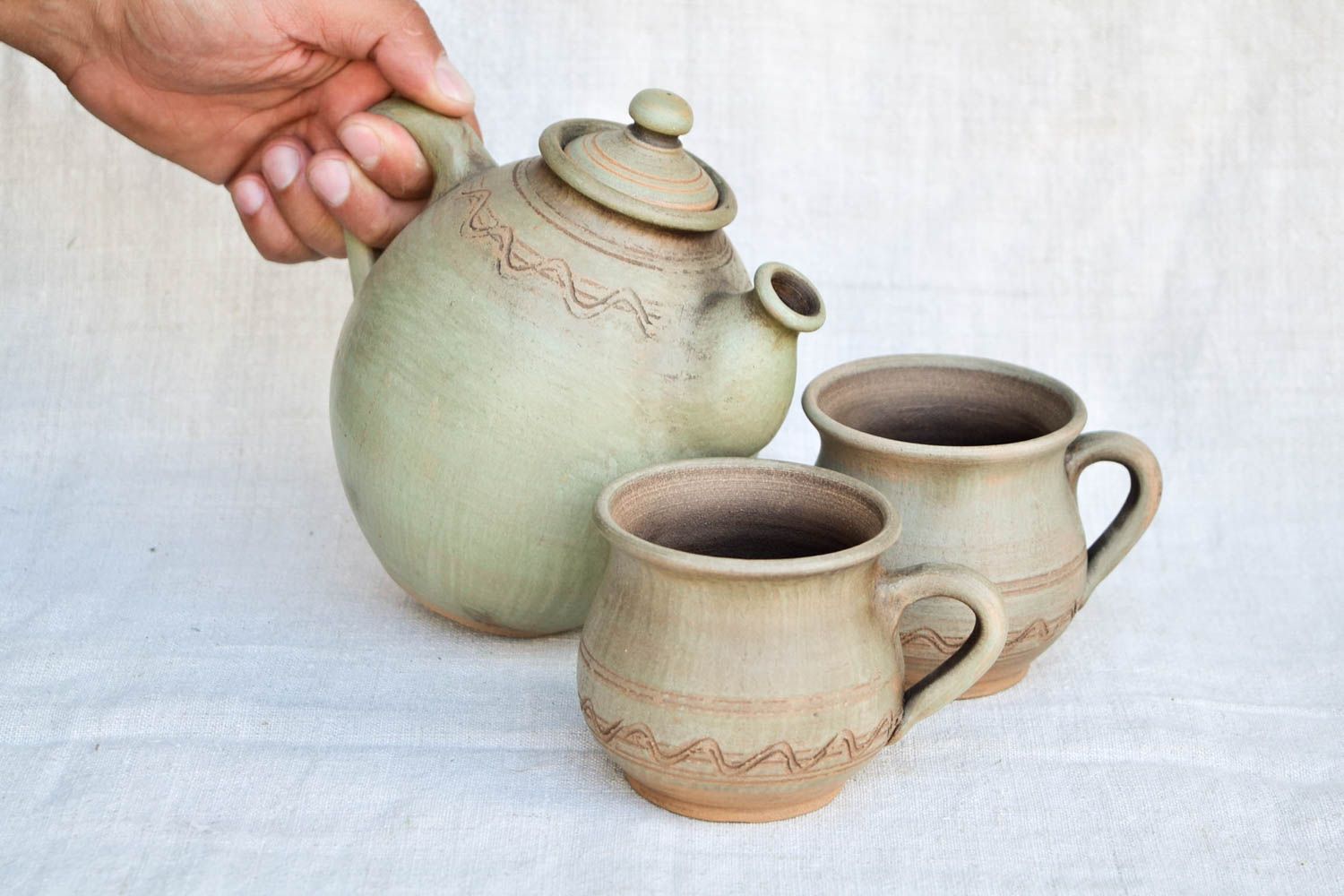 Unusual handmade ceramic teapot 2 clay cups tea cup design kitchen supplies photo 2