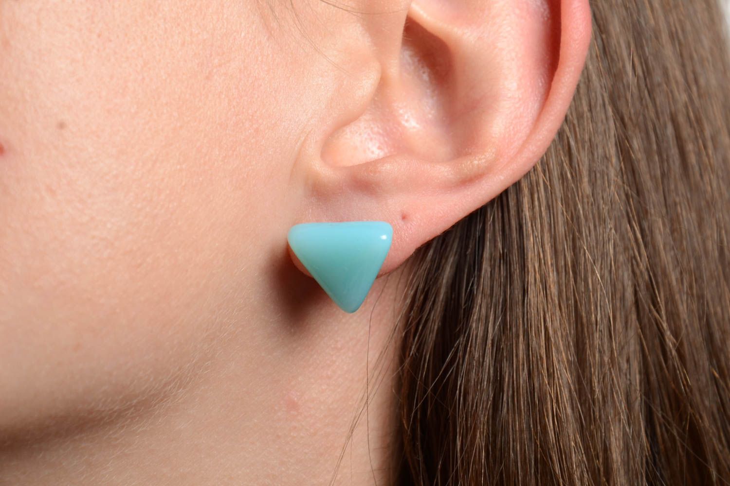 Turquoise color earrings small fusing glass triangular studs handmade accessory photo 2