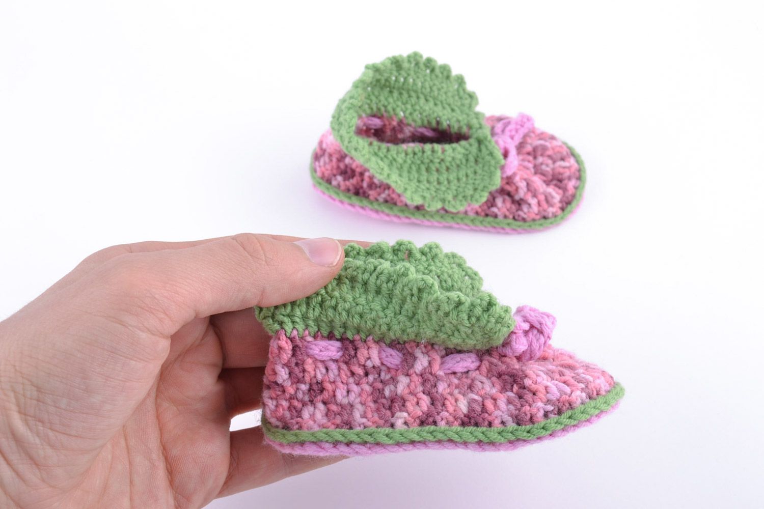 Tender lilac and green handmade baby shoes crocheted of cotton and wool for girl photo 5