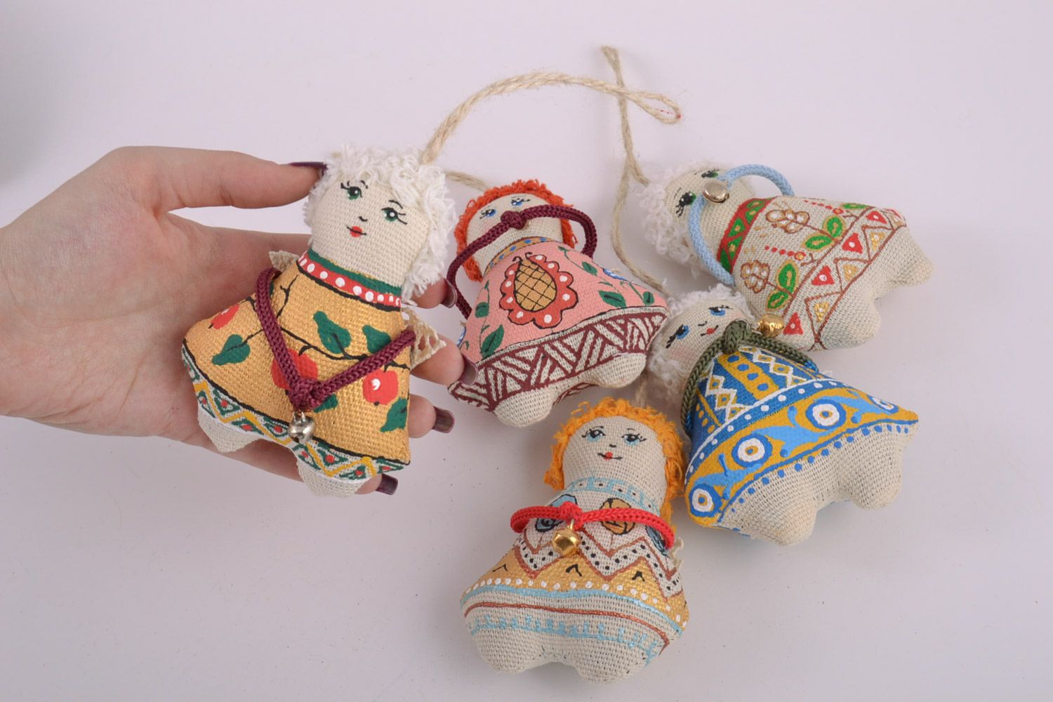 Set of handmade wall hanging soft decorations colorful angels with bells 5 items photo 5
