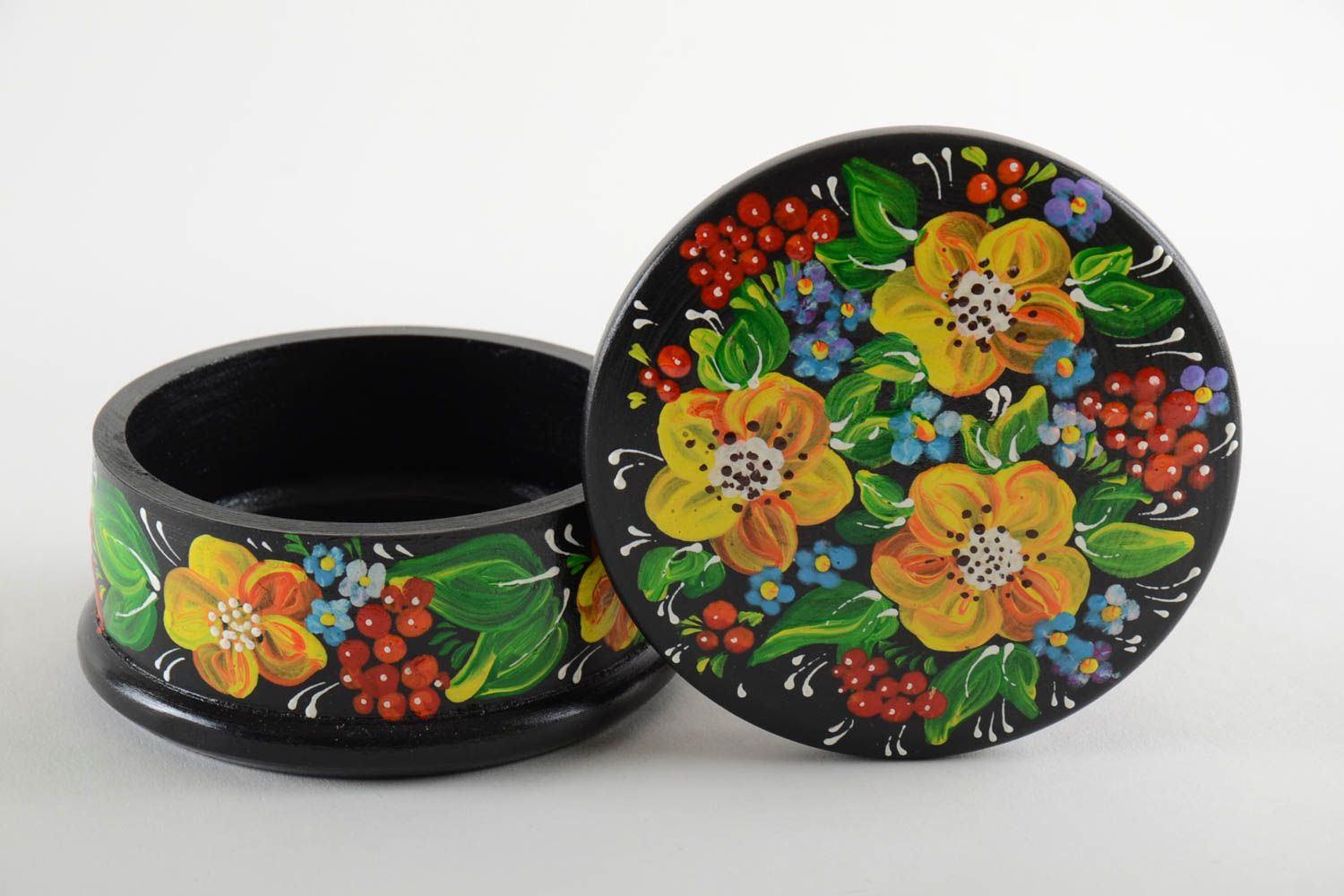 Boîte ronde en bois noire peinte à motif floral faite main pour bijoux cadeau photo 3