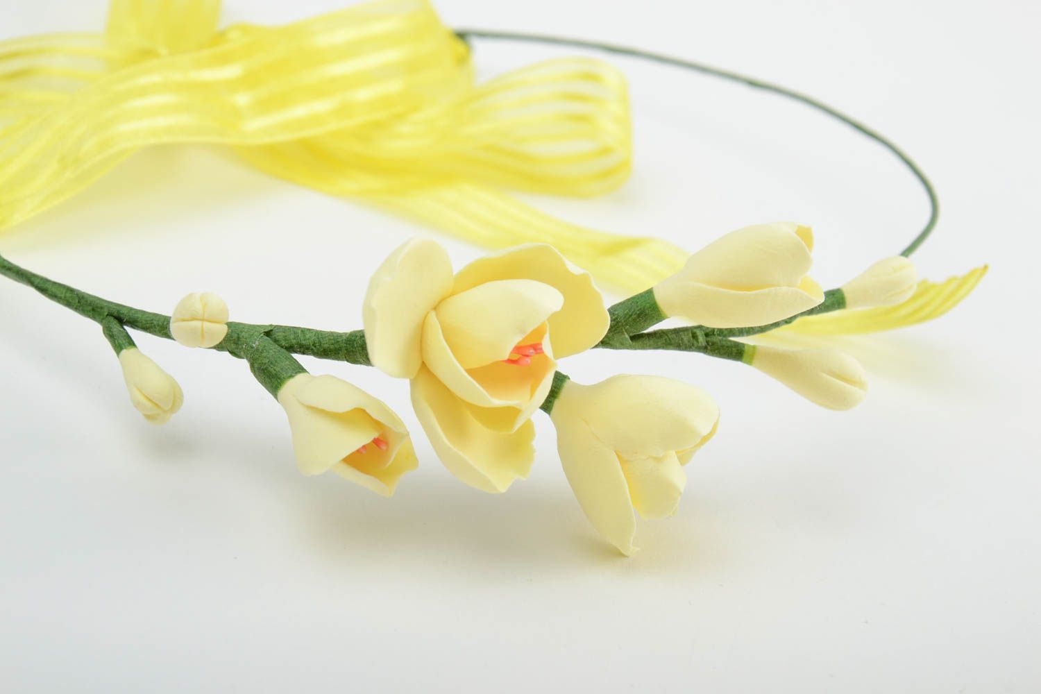 Handmade thin floral head wreath with polymer clay yellow flowers with ribbon photo 4