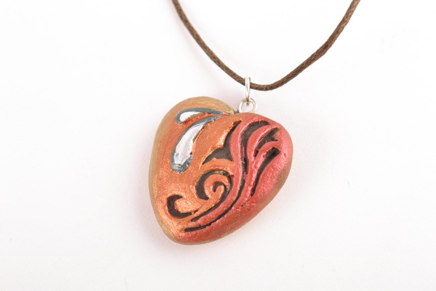Heart shaped handmade clay pendant painted with acrylics photo 4