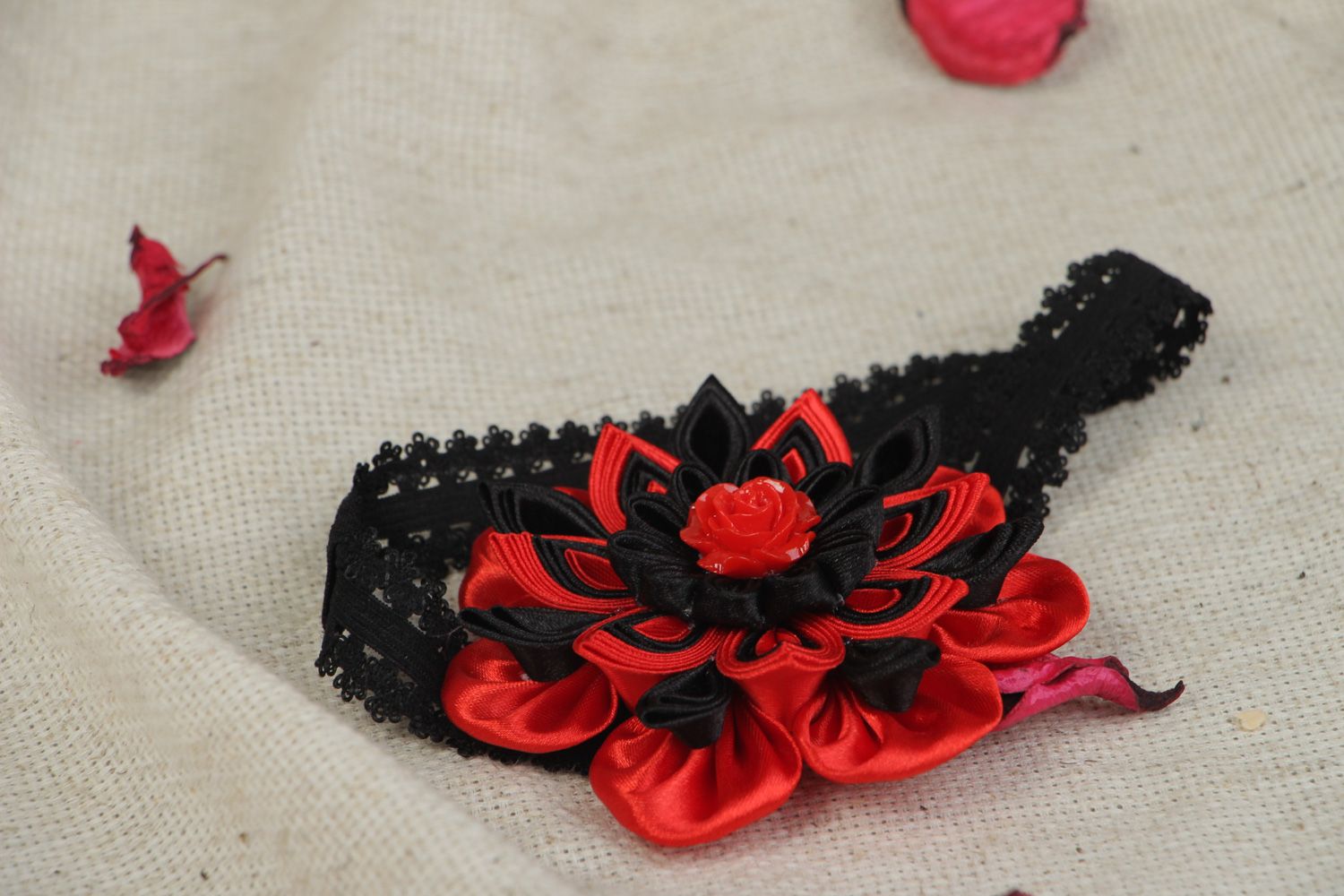 Stylish handmade elastic headband decorated with black and red kanzashi flower photo 5
