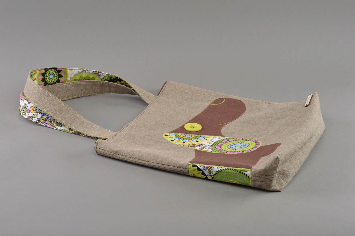 Beautiful gray handmade designer textile linen shoulder bag with dachshund image photo 1