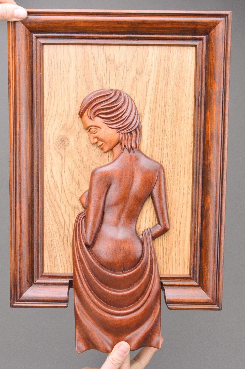 Handmade wooden panel with brown woman medium size wall decor photo 3