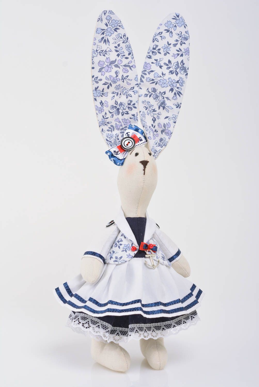 Handmade small cotton soft toy rabbit girl with huge ears in marine dress  photo 1