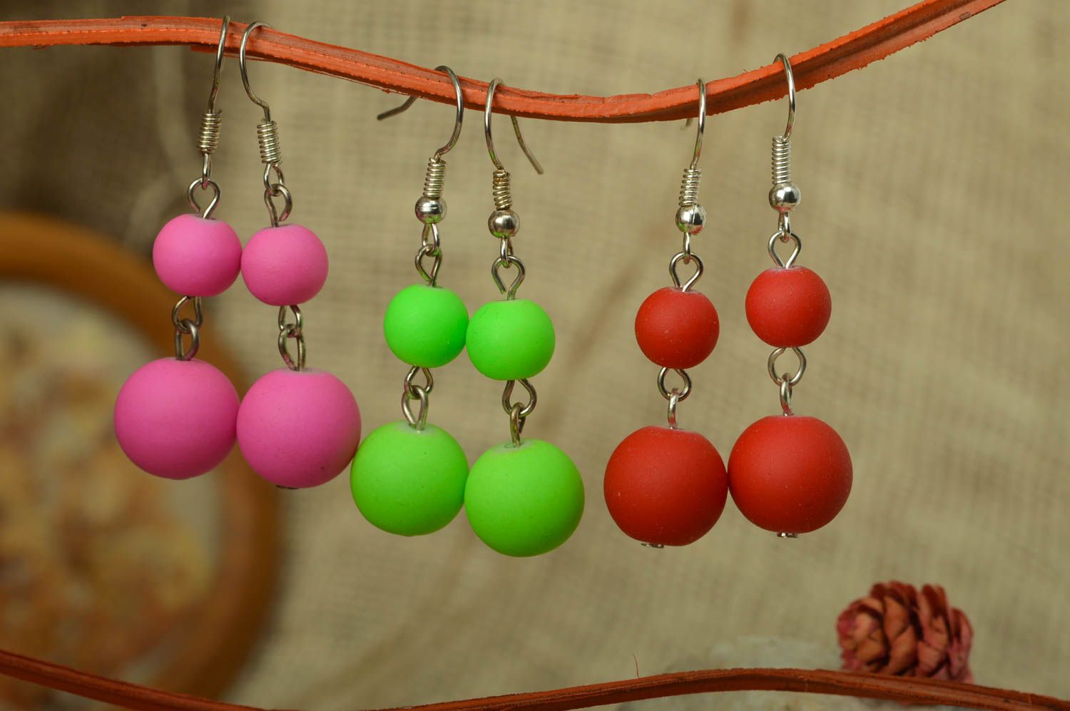 Set of handmade neon colorful beaded dangle earrings 3 pairs pink red green photo 1