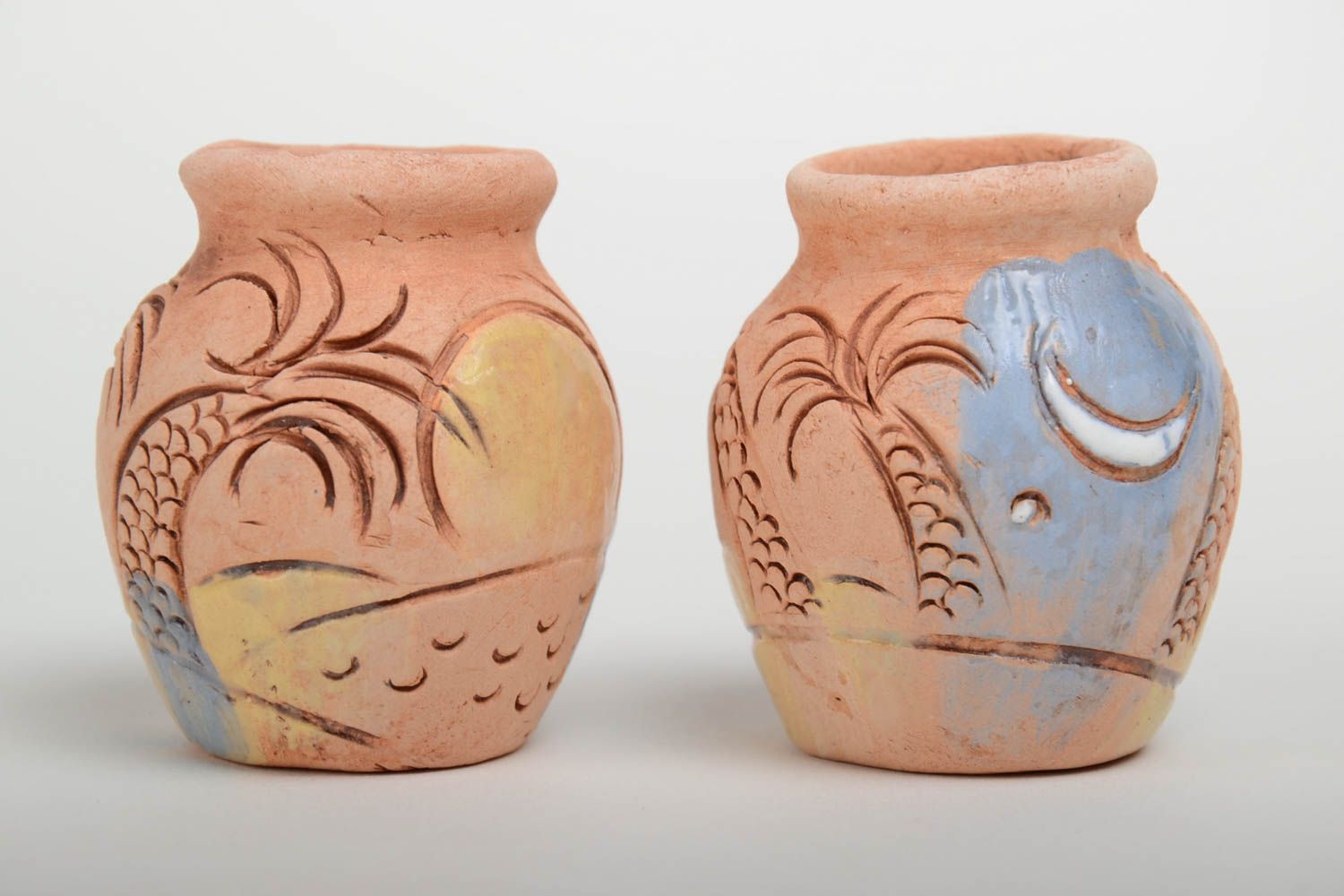 Декоративные кувшины ручной работы из глины расписные маленькие набор 2 шт фото 2