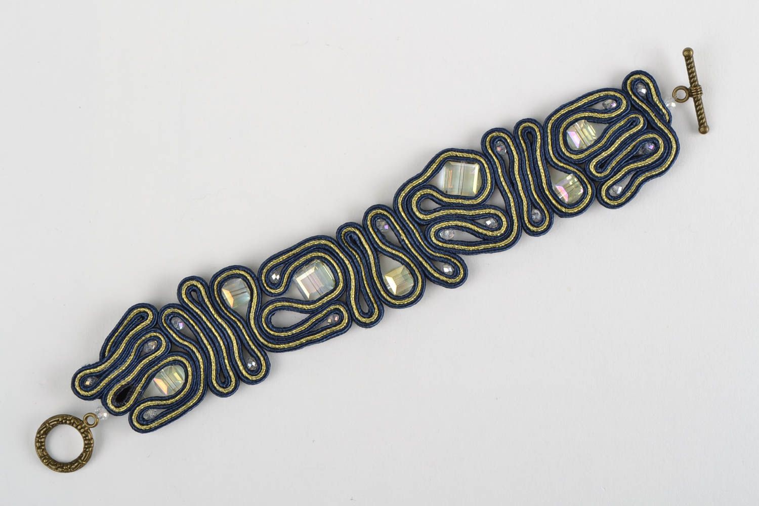 Blue soutache bracelet with rhinestones handmade designer beautiful accessory photo 1