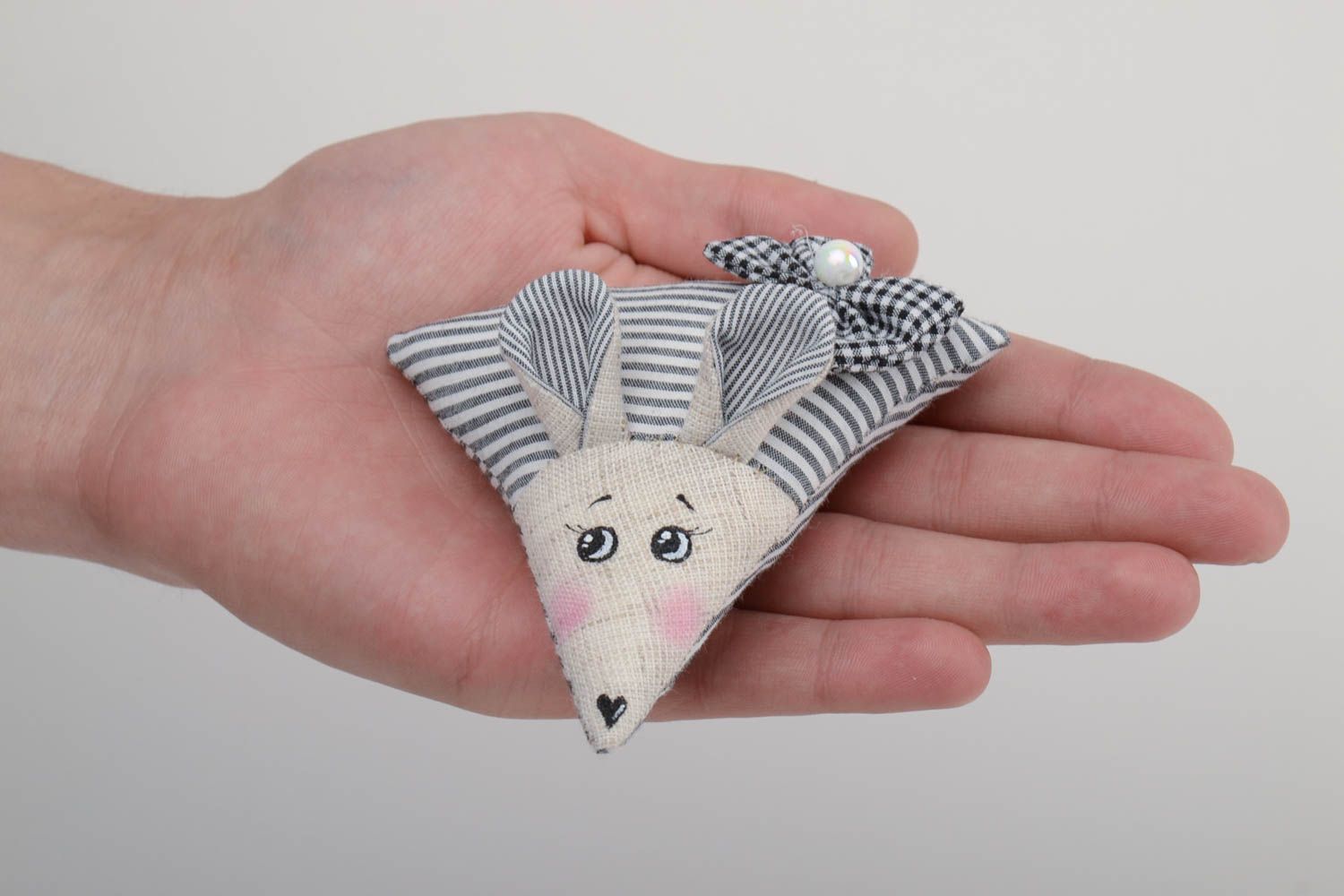 Handmade small decorative wall hanging soft toy mouse sewn of striped fabric  photo 5