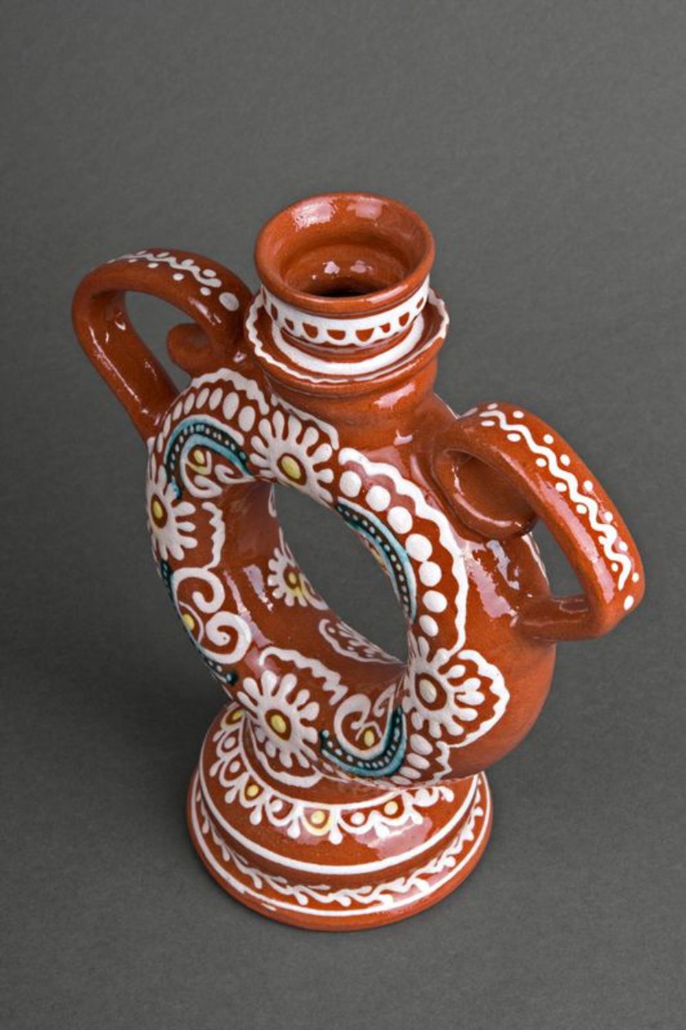 Handmade ceramic 30 oz decorative pitcher in circle shape wi two handles 1,46 lb photo 2